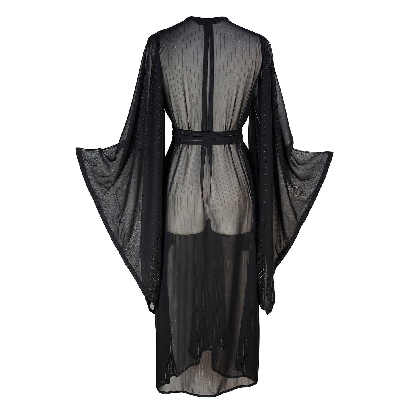 jennafer grace Capone kimono onyx black semi-sheer metallic thread pinstripe infused shimmery gothic coverup wrap dress with pockets duster jacket robe goth boho bohemian hippie whimsical romantic beach poolside resort cabana lounge wear unisex handmade in California USA