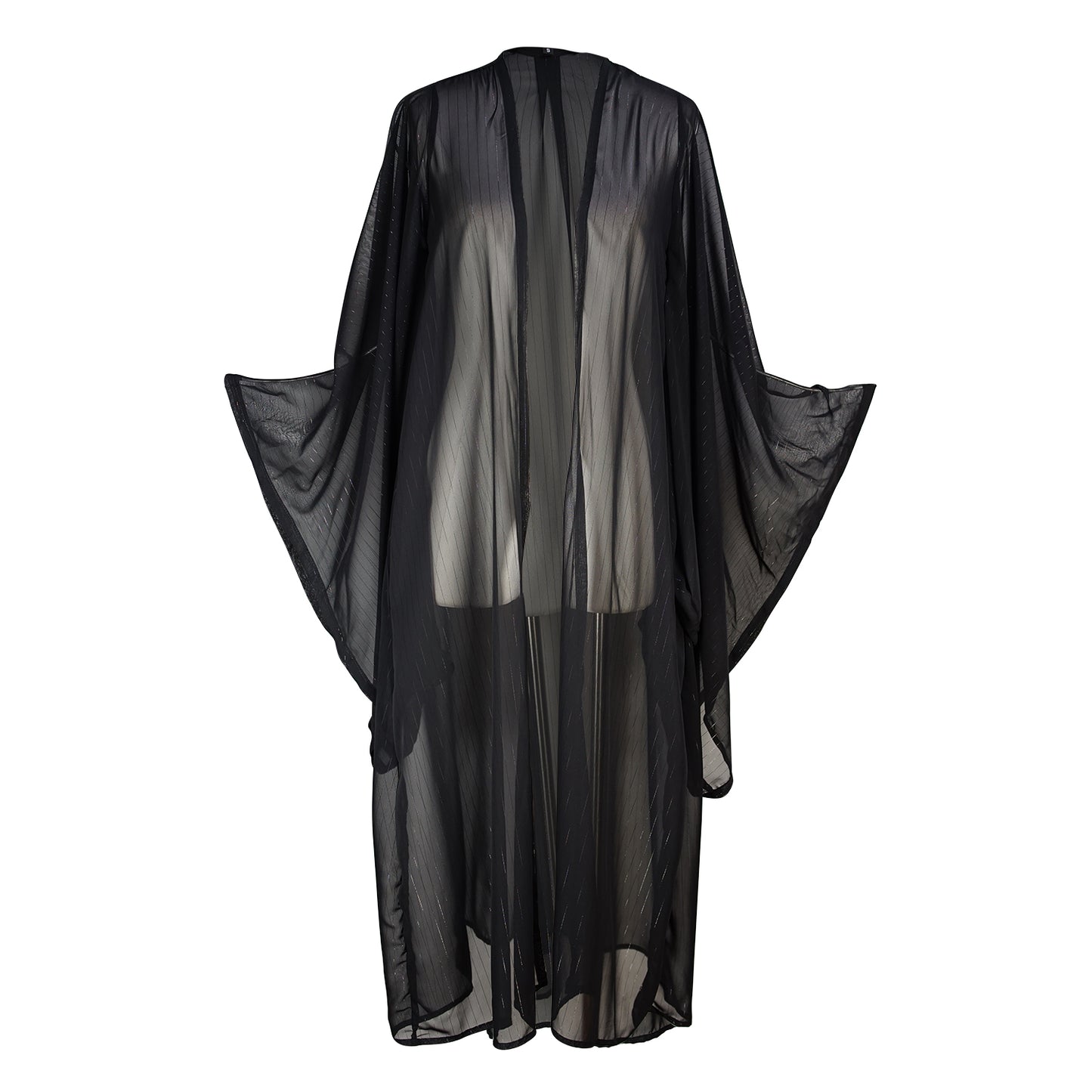 jennafer grace Capone kimono onyx black semi-sheer metallic thread pinstripe infused shimmery gothic coverup wrap dress with pockets duster jacket robe goth boho bohemian hippie whimsical romantic beach poolside resort cabana lounge wear unisex handmade in California USA