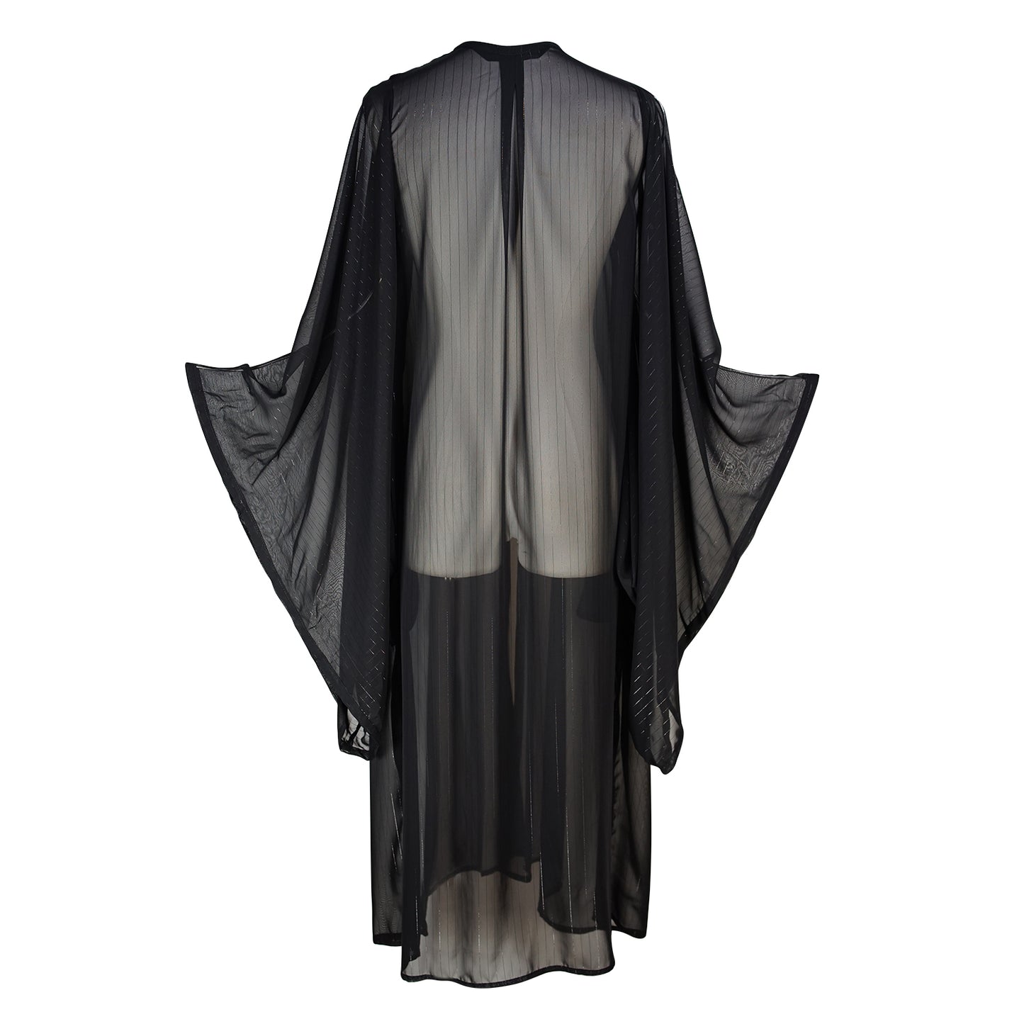 jennafer grace Capone kimono onyx black semi-sheer metallic thread pinstripe infused shimmery gothic coverup wrap dress with pockets duster jacket robe goth boho bohemian hippie whimsical romantic beach poolside resort cabana lounge wear unisex handmade in California USA