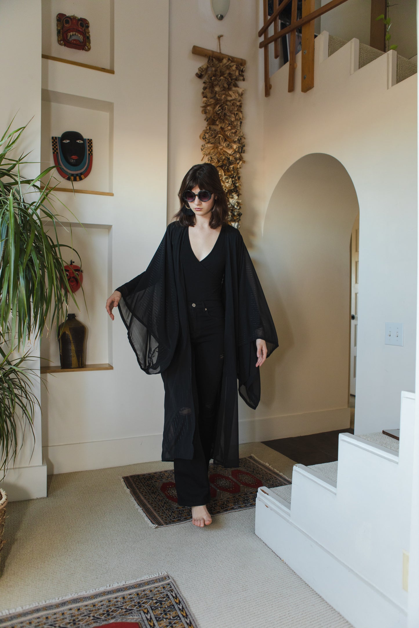 jennafer grace Capone kimono onyx black semi-sheer metallic thread pinstripe infused shimmery gothic coverup wrap dress with pockets duster jacket robe goth boho bohemian hippie whimsical romantic beach poolside resort cabana lounge wear unisex handmade in California USA