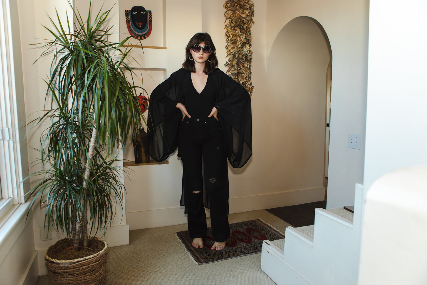 jennafer grace Capone kimono onyx black semi-sheer metallic thread pinstripe infused shimmery gothic coverup wrap dress with pockets duster jacket robe goth boho bohemian hippie whimsical romantic beach poolside resort cabana lounge wear unisex handmade in California USA