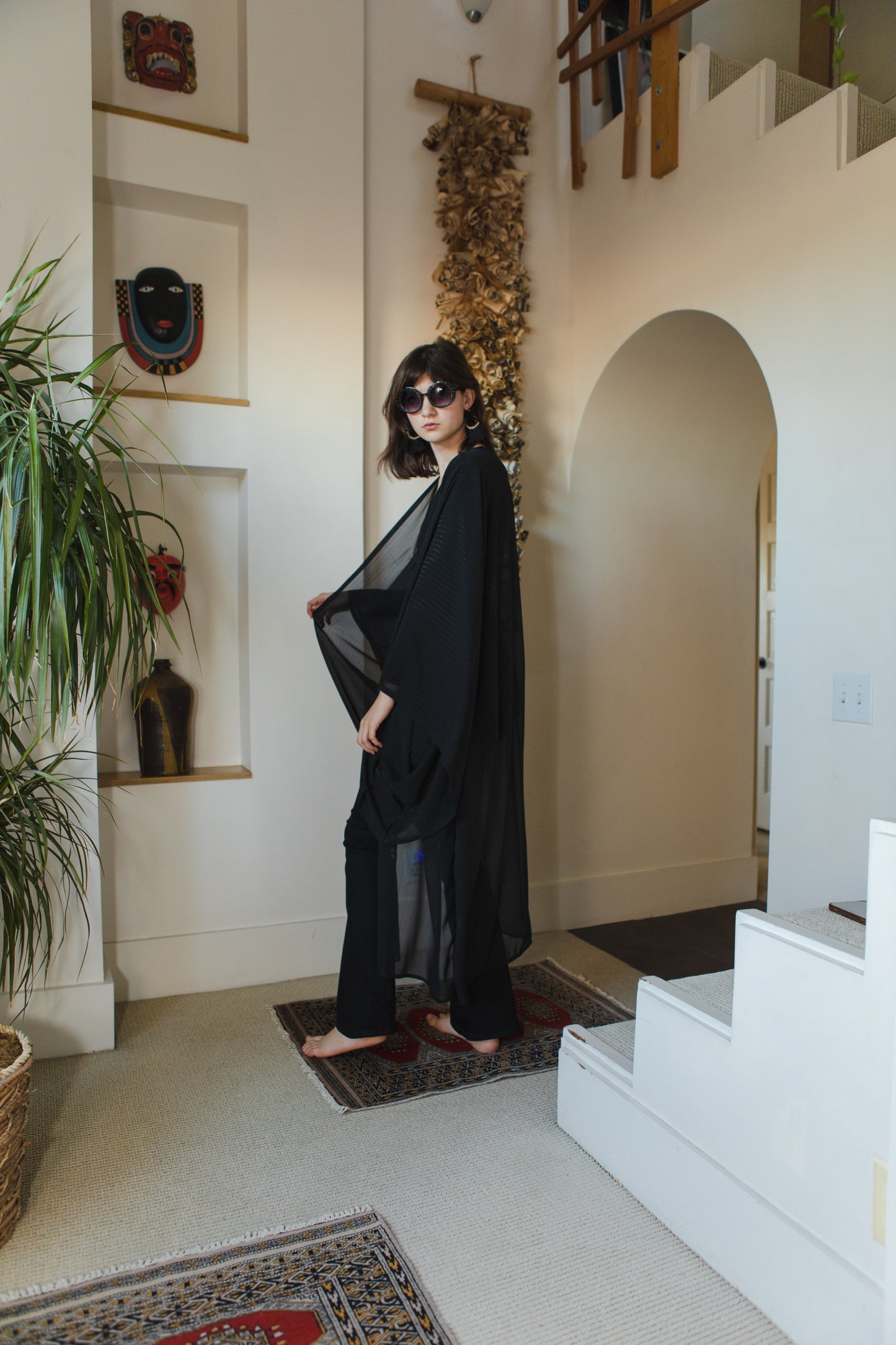 jennafer grace Capone kimono onyx black semi-sheer metallic thread pinstripe infused shimmery gothic coverup wrap dress with pockets duster jacket robe goth boho bohemian hippie whimsical romantic beach poolside resort cabana lounge wear unisex handmade in California USA