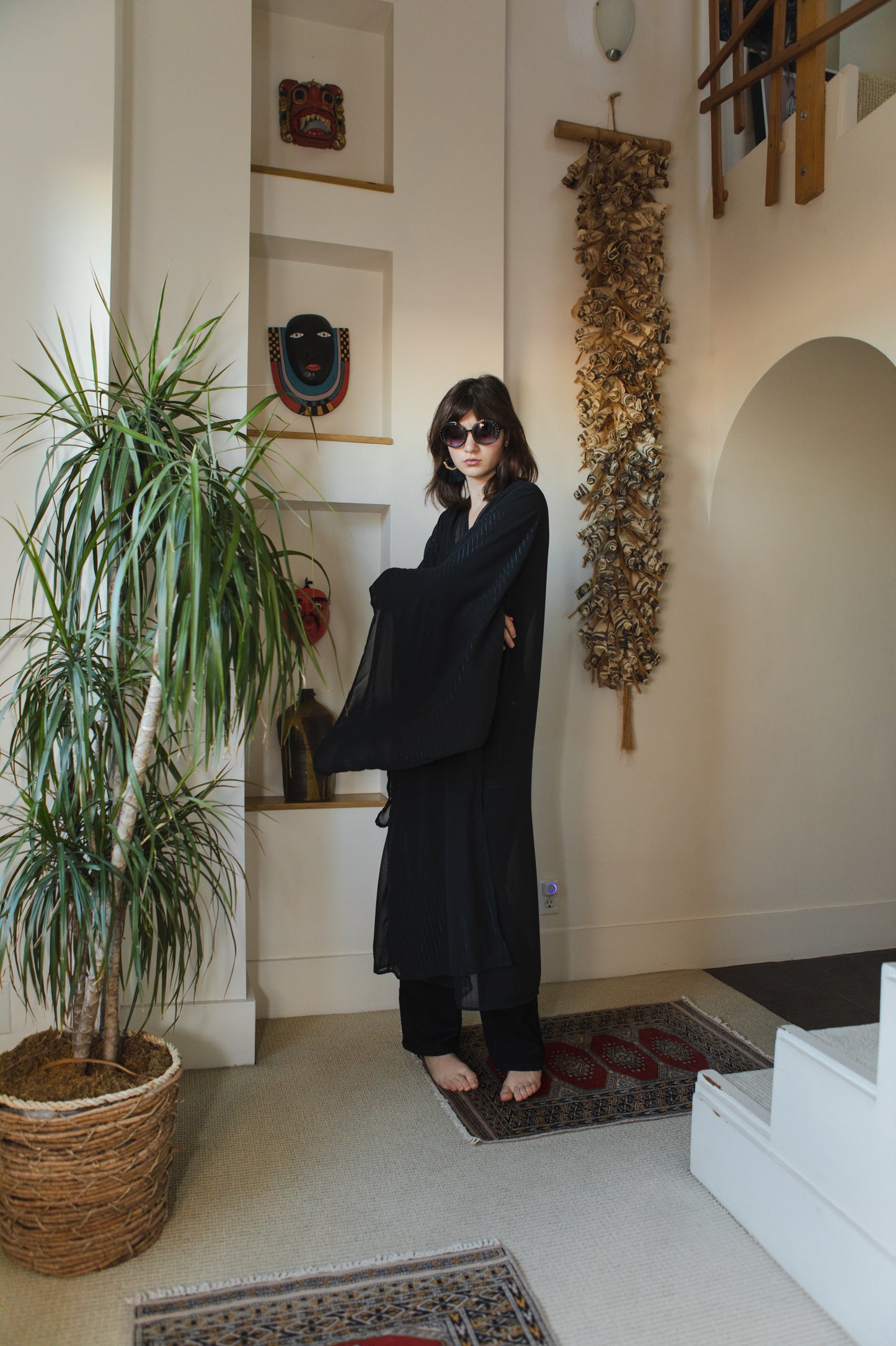 jennafer grace Capone kimono onyx black semi-sheer metallic thread pinstripe infused shimmery gothic coverup wrap dress with pockets duster jacket robe goth boho bohemian hippie whimsical romantic beach poolside resort cabana lounge wear unisex handmade in California USA