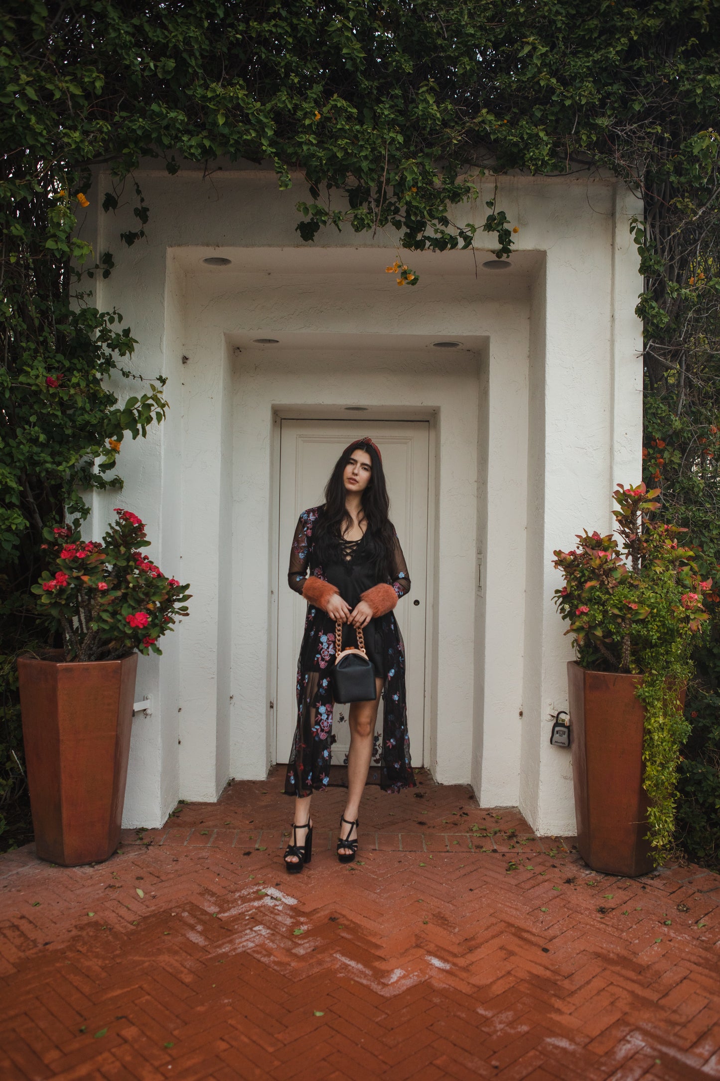 jennafer grace Cardamom Nouveau Faux Fur Duster black mesh with embroidered floral detail coppery brown faux fur cuffs light jacket coat robe coverup layering boho bohemian hippie romantic whimsical revival unisex handmade in California USA