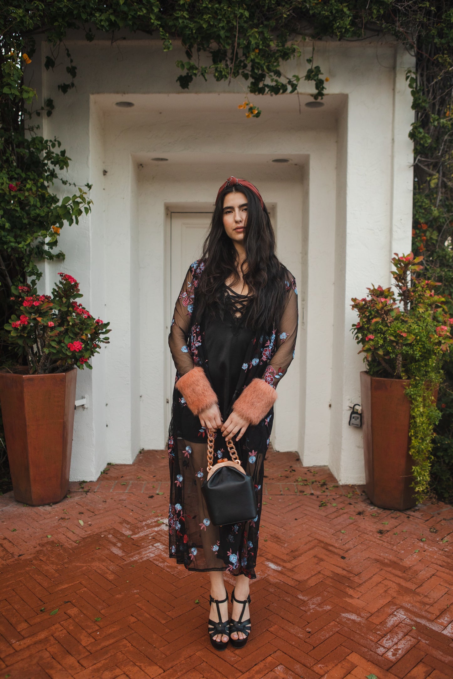 jennafer grace Cardamom Nouveau Faux Fur Duster black mesh with embroidered floral detail coppery brown faux fur cuffs light jacket coat robe coverup layering boho bohemian hippie romantic whimsical revival unisex handmade in California USA