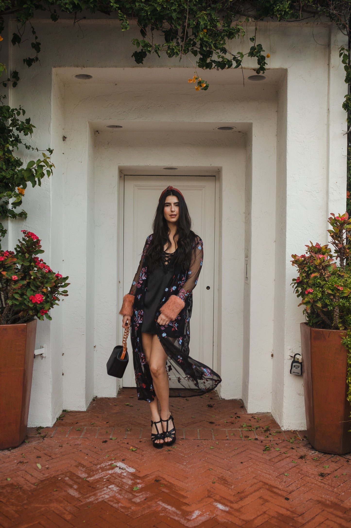 jennafer grace Cardamom Nouveau Faux Fur Duster black mesh with embroidered floral detail coppery brown faux fur cuffs light jacket coat robe coverup layering boho bohemian hippie romantic whimsical revival unisex handmade in California USA