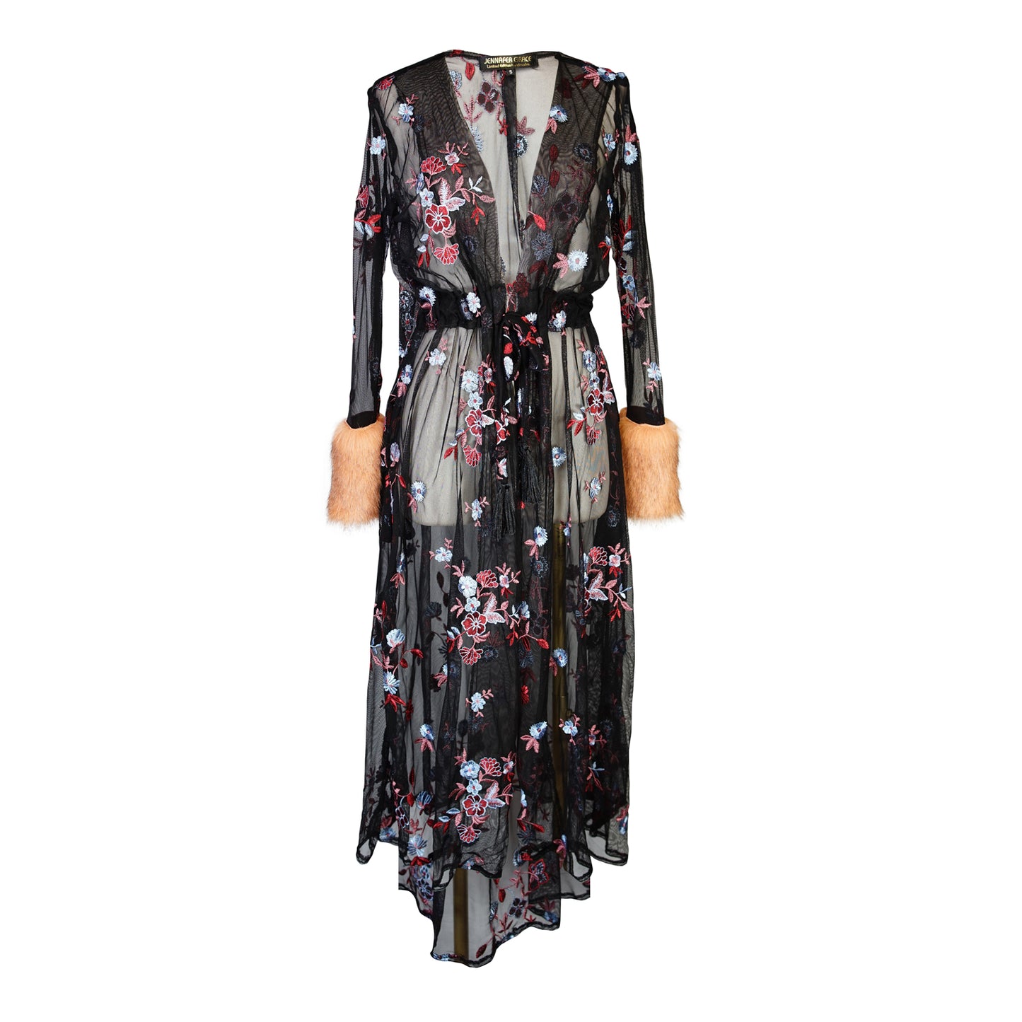 jennafer grace Cardamom Nouveau Faux Fur Duster black mesh with embroidered floral detail coppery brown faux fur cuffs light jacket coat robe coverup layering boho bohemian hippie romantic whimsical revival unisex handmade in California USA