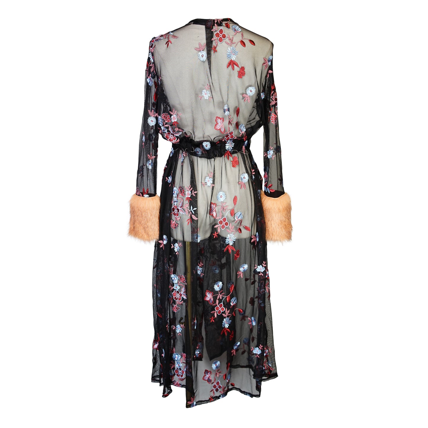 jennafer grace Cardamom Nouveau Faux Fur Duster black mesh with embroidered floral detail coppery brown faux fur cuffs light jacket coat robe coverup layering boho bohemian hippie romantic whimsical revival unisex handmade in California USA