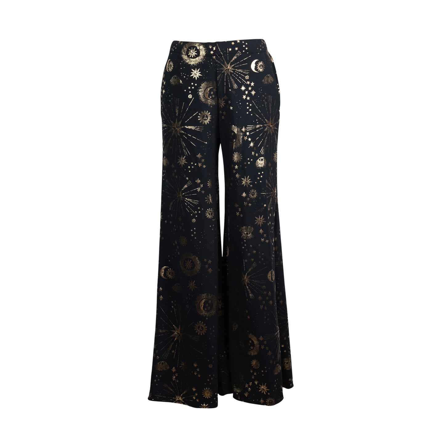 jennafer grace Celestia tunic palazzo pant matching set black with gold metallic celestial print coord co-ord astrology goth witchy gothic boho bohemian hippie romantic whimsical lounge loungewear resort cabana beach unisex handmade in california usa