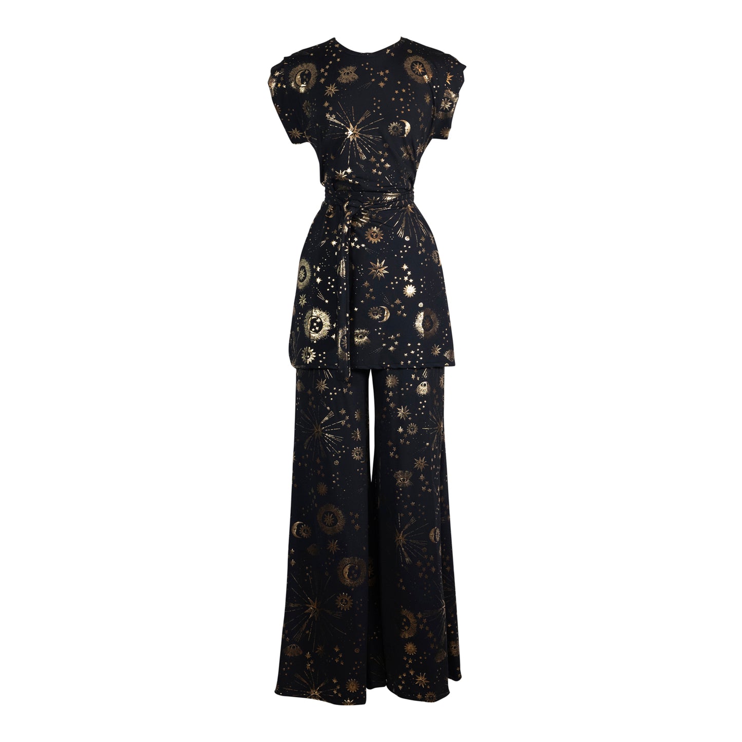 jennafer grace Celestia tunic palazzo pant matching set black with gold metallic celestial print coord co-ord astrology goth witchy gothic boho bohemian hippie romantic whimsical lounge loungewear resort cabana beach unisex handmade in california usa