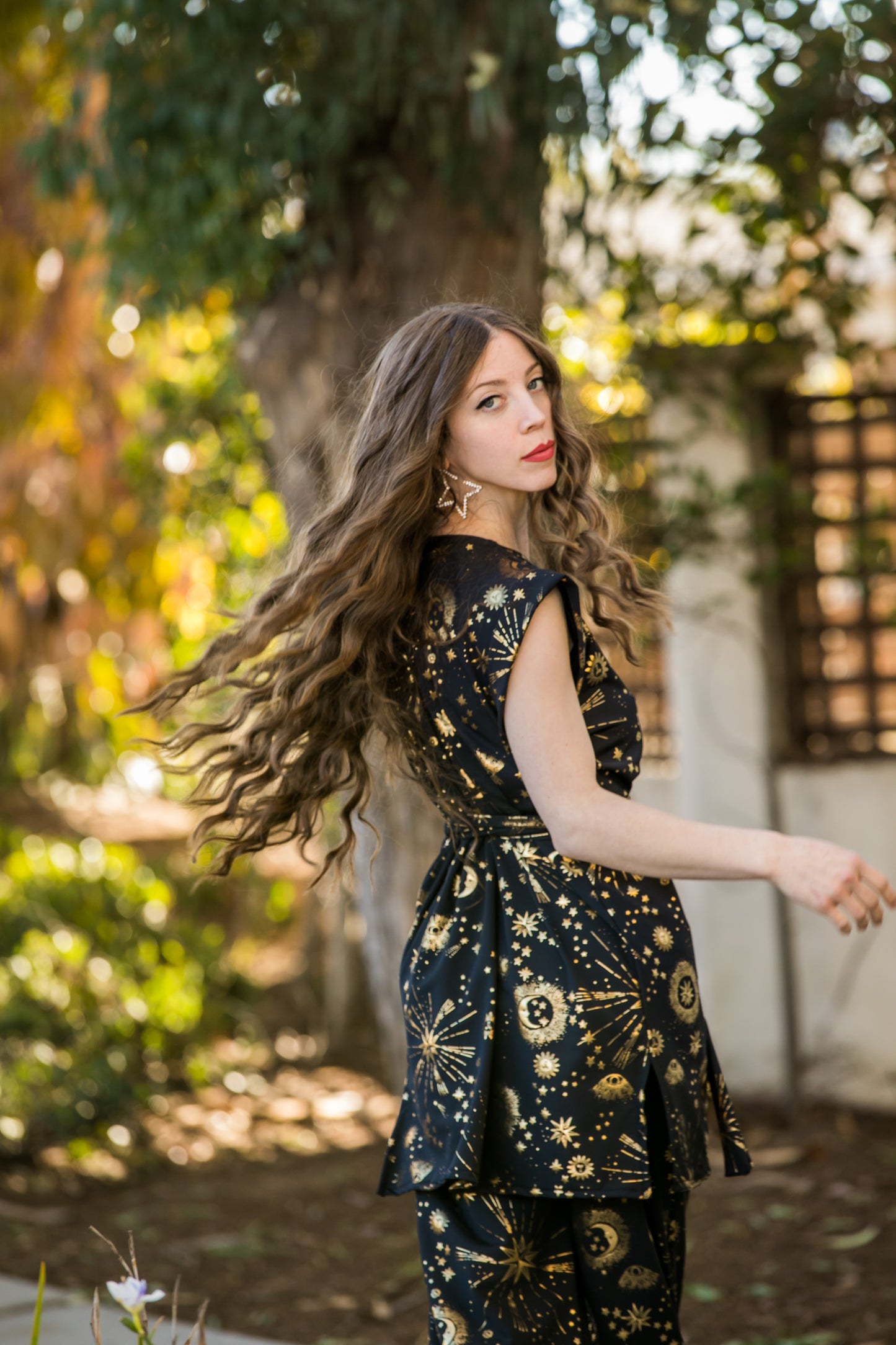 jennafer grace Celestia tunic palazzo pant matching set black with gold metallic celestial print coord co-ord astrology goth witchy gothic boho bohemian hippie romantic whimsical lounge loungewear resort cabana beach unisex handmade in california usa