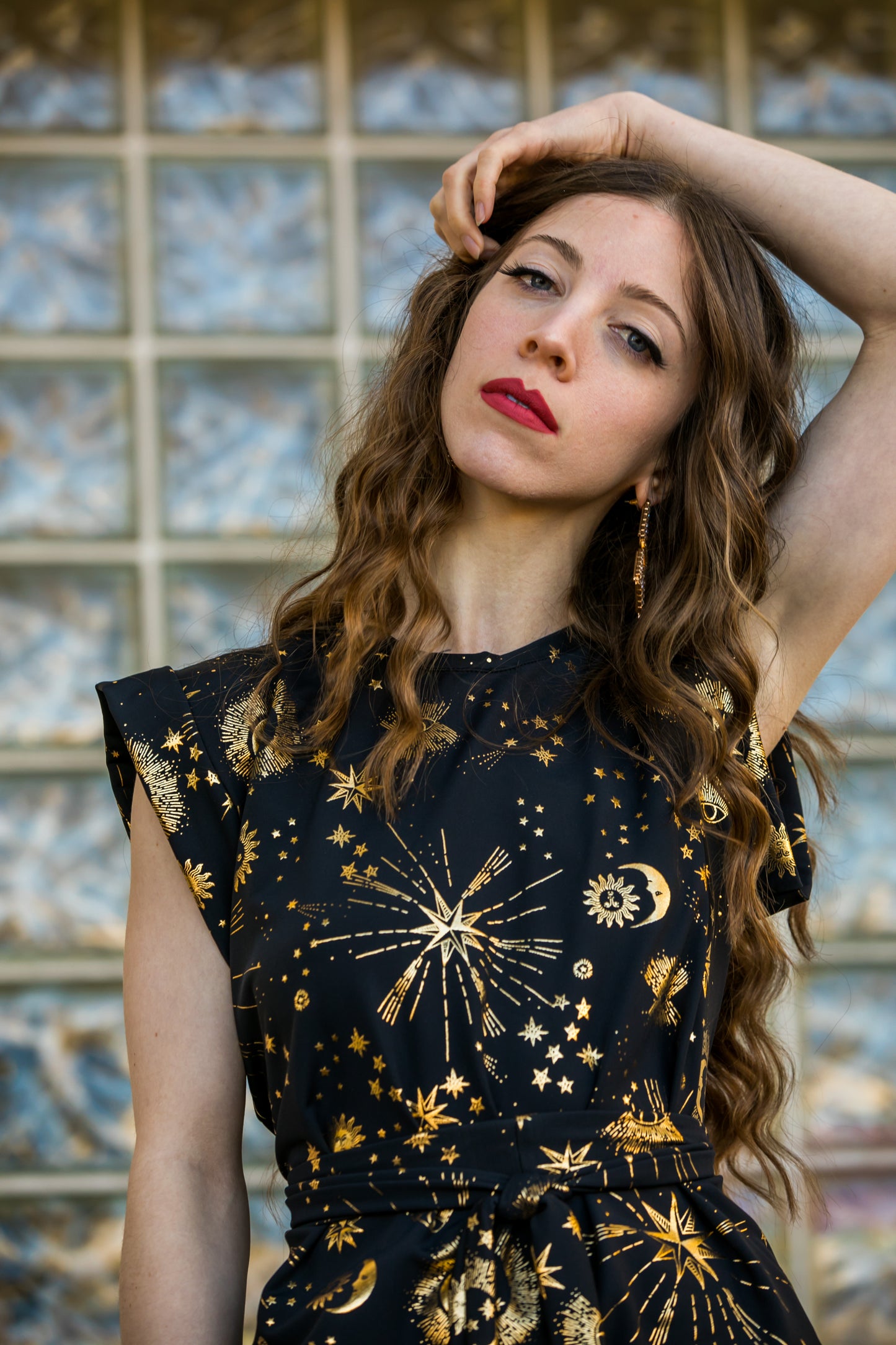 jennafer grace Celestia tunic palazzo pant matching set black with gold metallic celestial print coord co-ord astrology goth witchy gothic boho bohemian hippie romantic whimsical lounge loungewear resort cabana beach unisex handmade in california usa