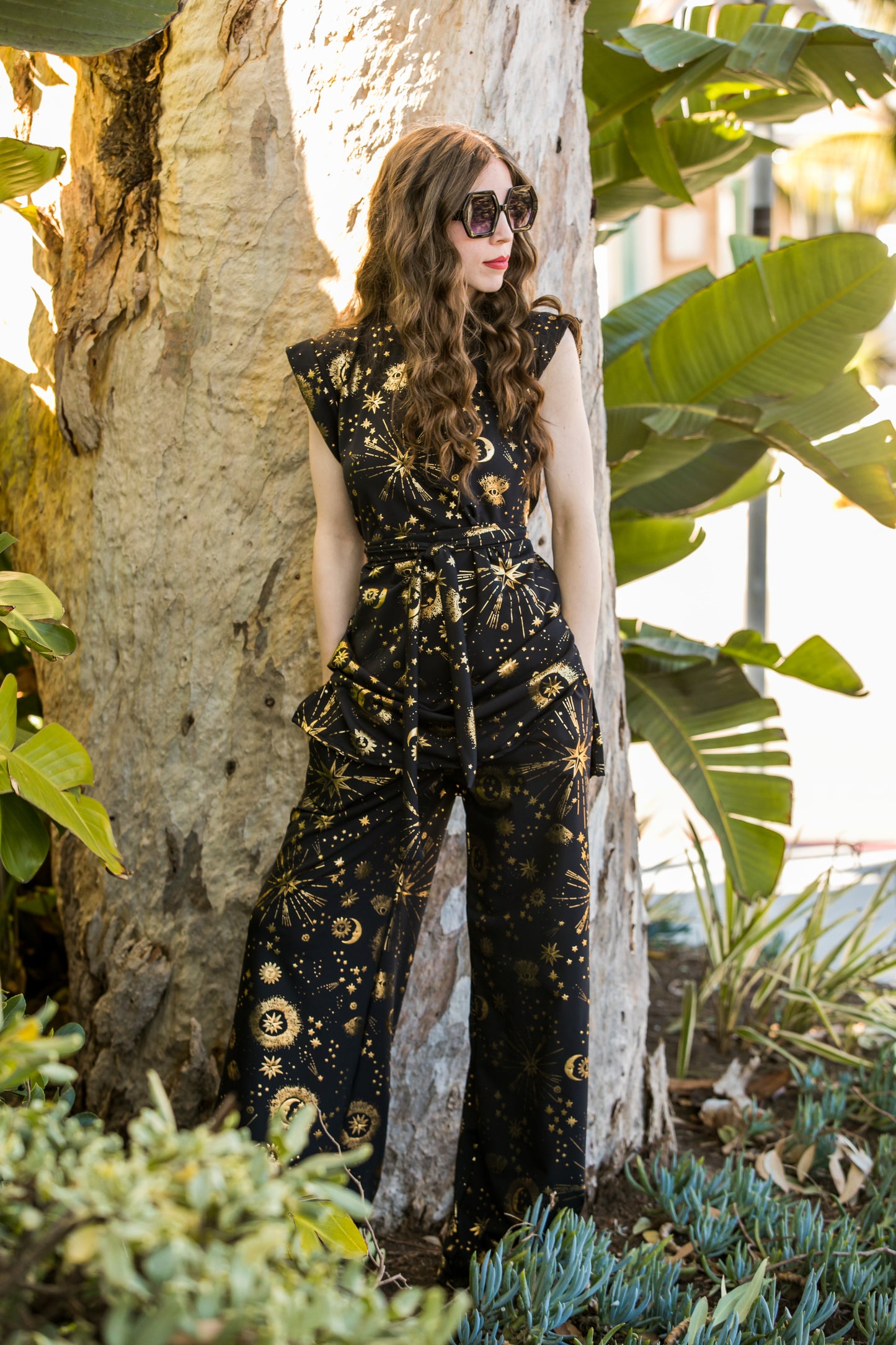 jennafer grace Celestia tunic palazzo pant matching set black with gold metallic celestial print coord co-ord astrology goth witchy gothic boho bohemian hippie romantic whimsical lounge loungewear resort cabana beach unisex handmade in california usa