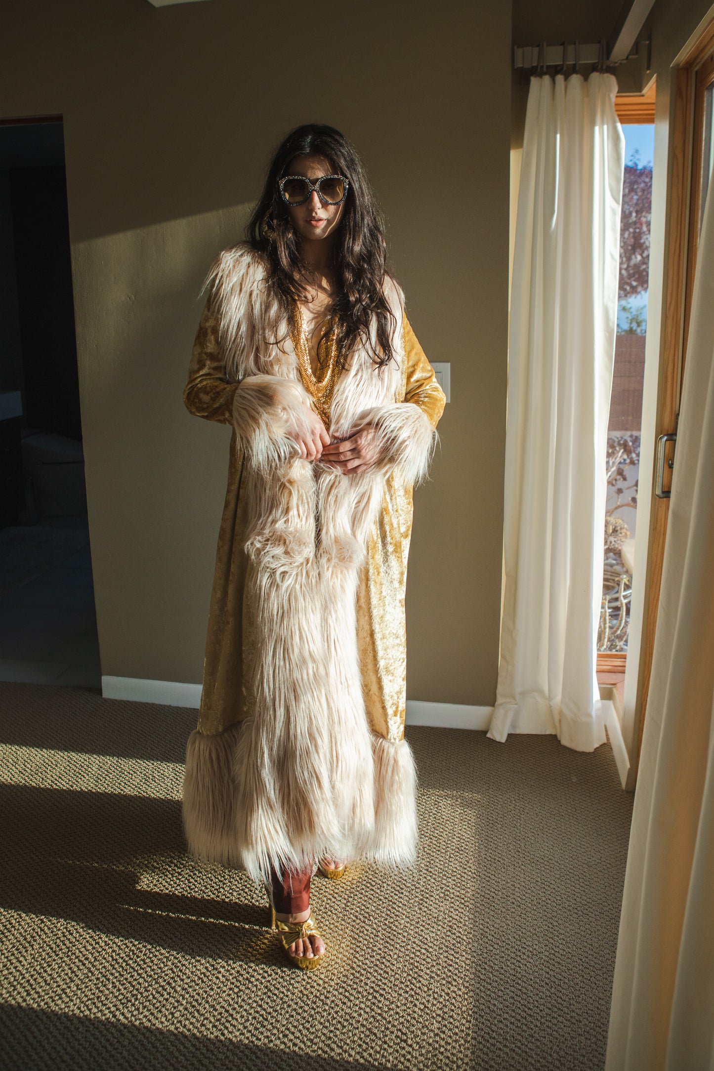 jennafer grace Champagne velvet deluxe penny lane faux fur duster jacket coat almost famous klaus hargreeves yellow gold deadstock velvet ivory fur boho bohemian hippie romantic whimsical retro opera coat 70s revival 1970s unisex handmade in California USA