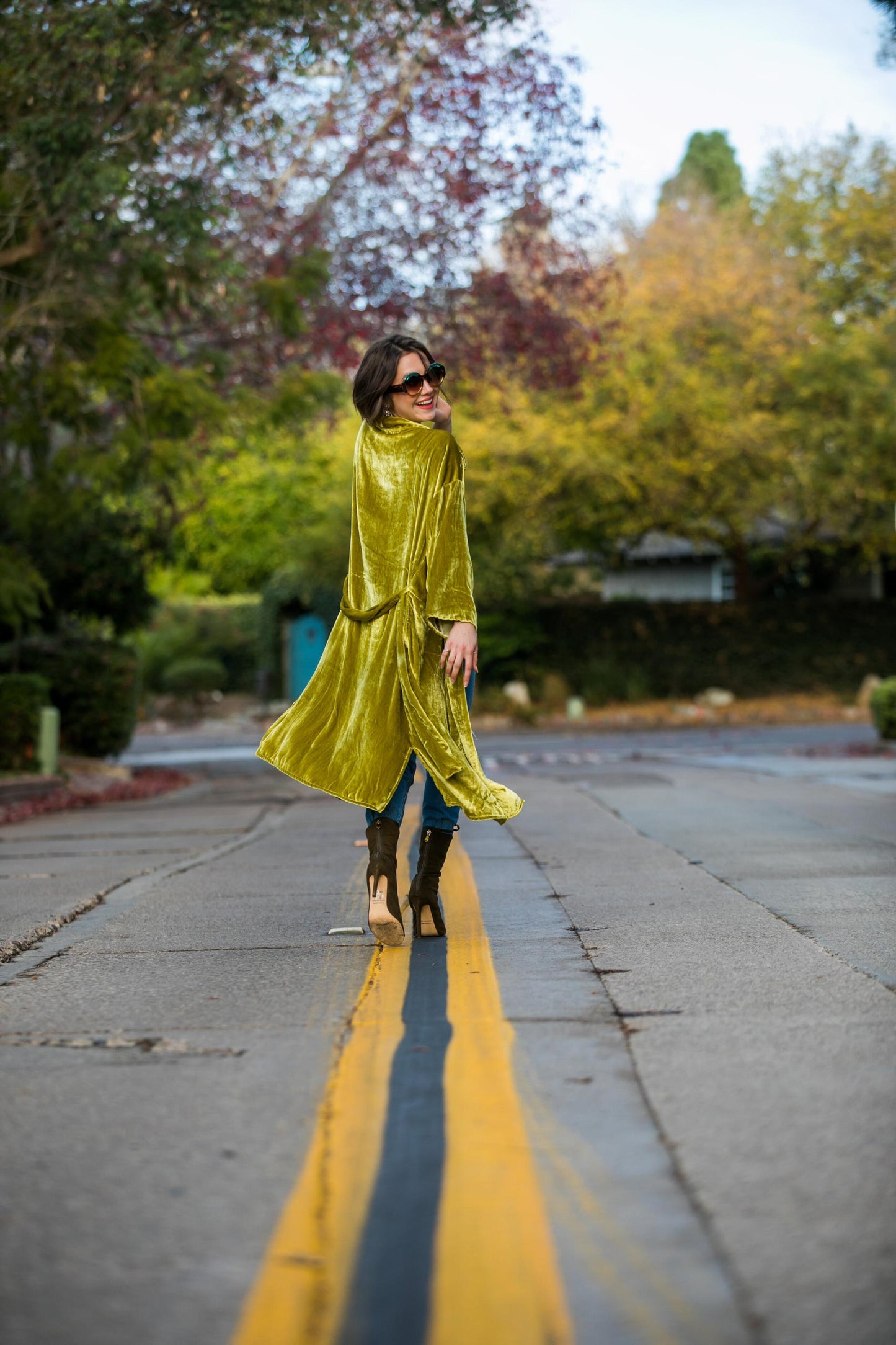 Chartreuse Silk Velvet Koi Kimono