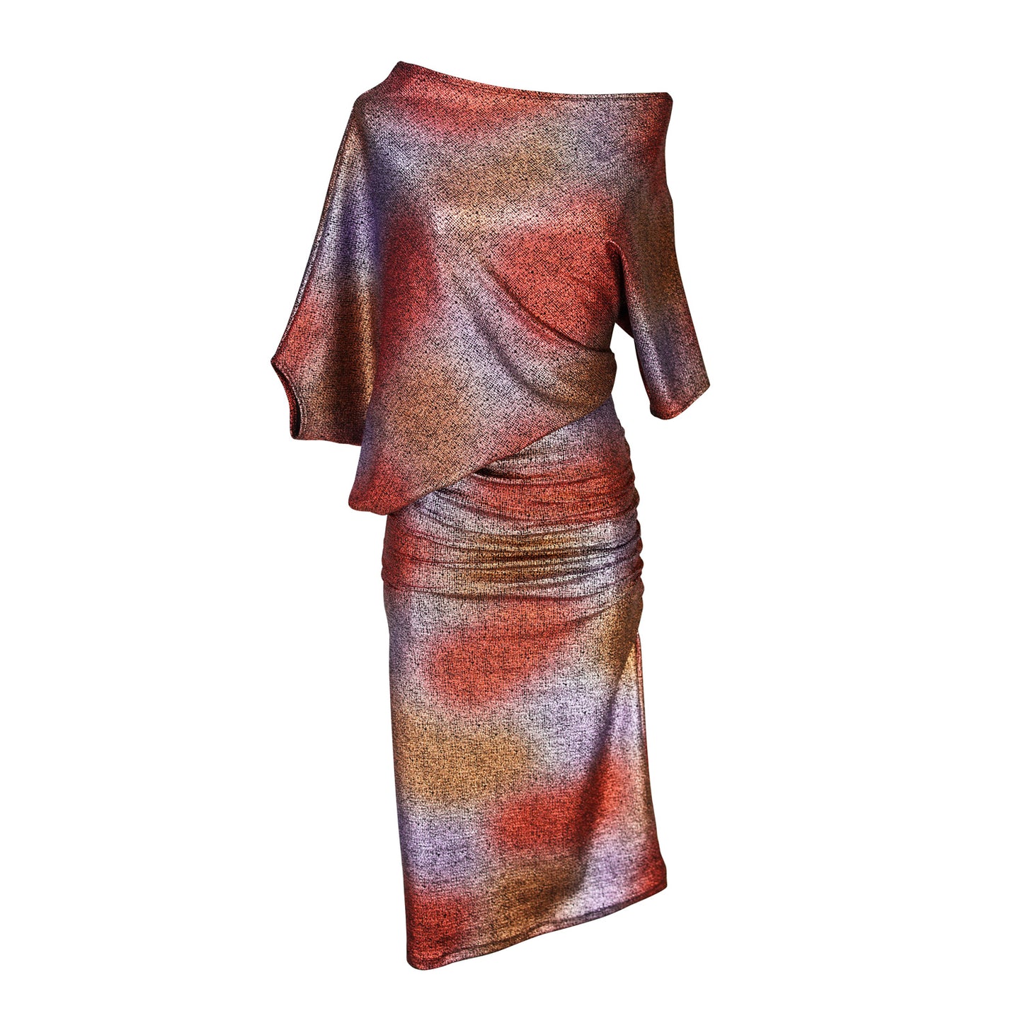 jennafer grace City Lights angle dress evening wear cocktail midi dress off shoulder one shoulder boat neck simple sexy red copper gold violet silver metallic boho bohemian hippie handmade in california usa