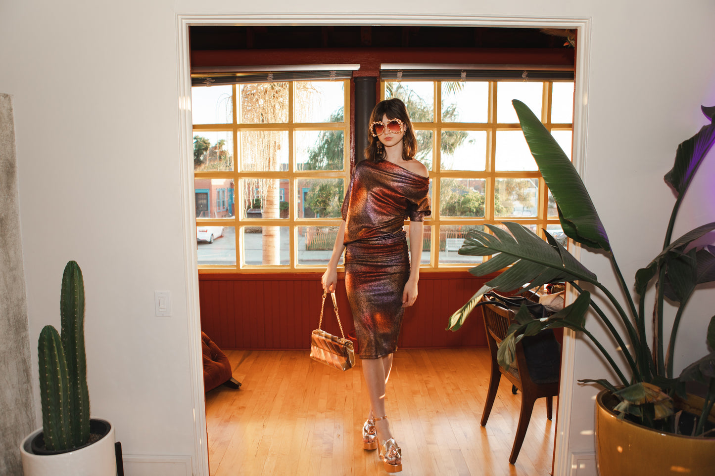 jennafer grace City Lights angle dress evening wear cocktail midi dress off shoulder one shoulder boat neck simple sexy red copper gold violet silver metallic boho bohemian hippie handmade in california usa
