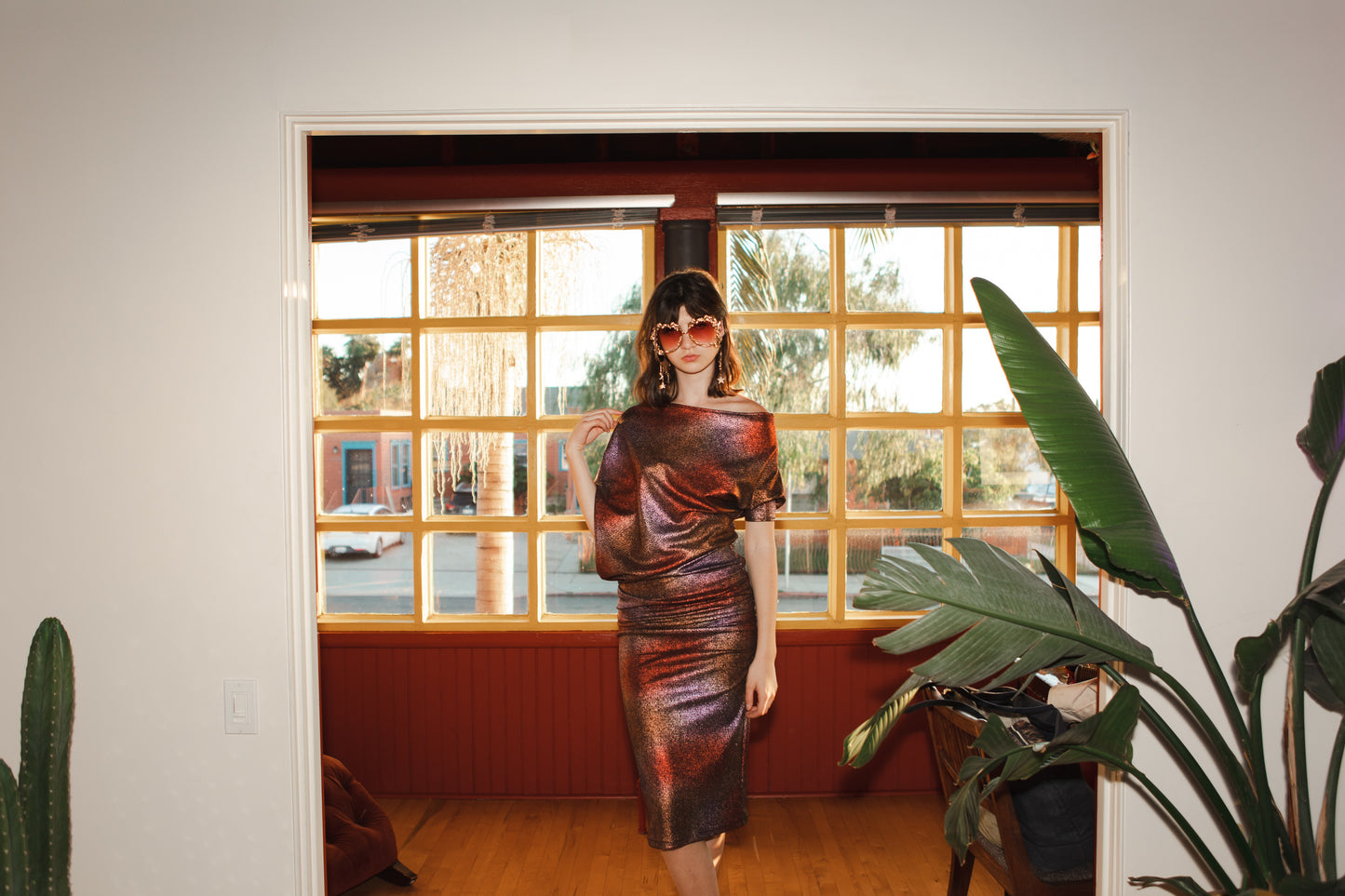 jennafer grace City Lights angle dress evening wear cocktail midi dress off shoulder one shoulder boat neck simple sexy red copper gold violet silver metallic boho bohemian hippie handmade in california usa
