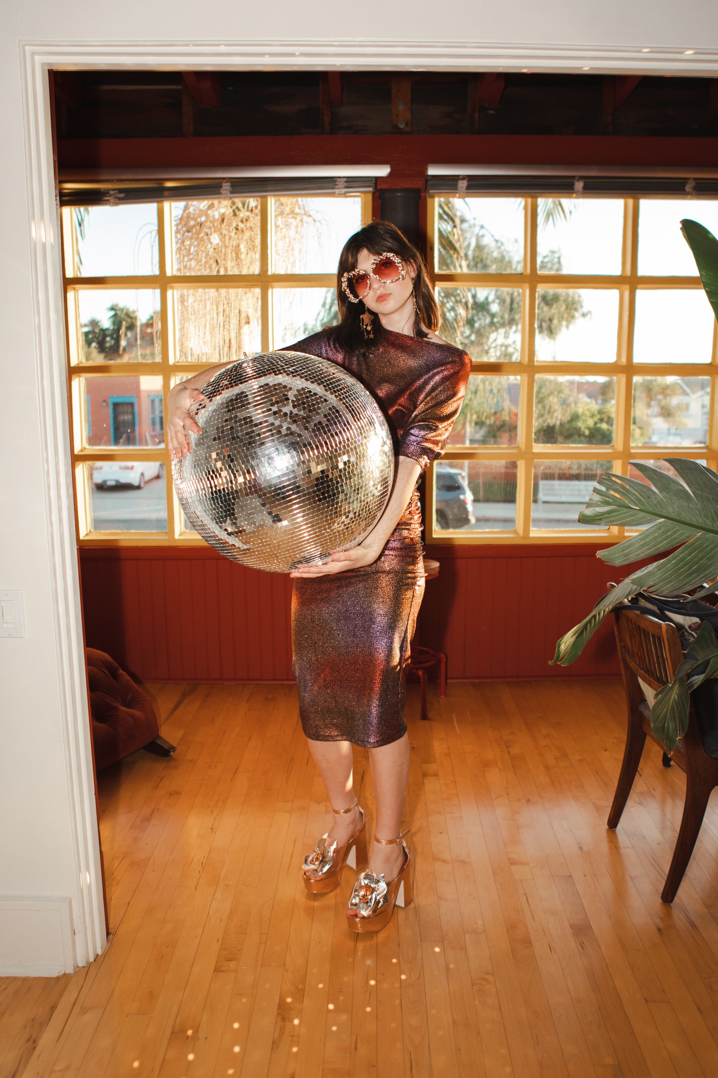jennafer grace City Lights angle dress evening wear cocktail midi dress off shoulder one shoulder boat neck simple sexy red copper gold violet silver metallic boho bohemian hippie handmade in california usa
