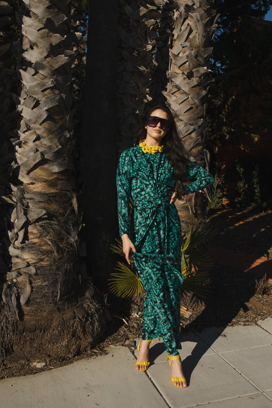 jennafer grace Congo twist dress black with green botanical print old hollywood glam evening dress boho bohemian batwing cocktail party evening dress gown handmade in California USA