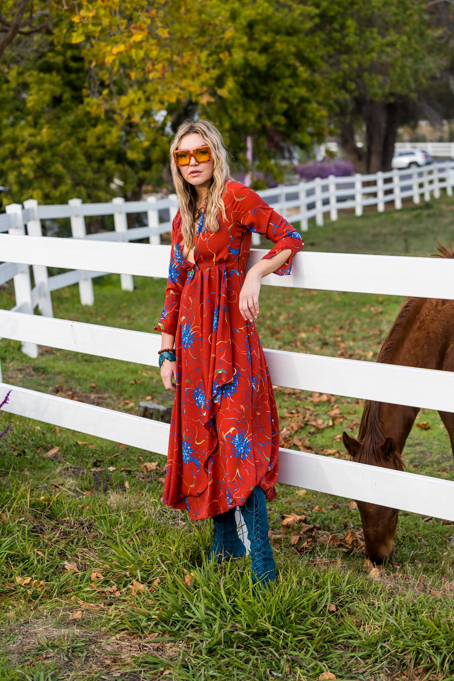 jennafer grace Coppertop minaret red dress blue flowers colorful floral boho bohemian hippie romantic whimsical floor-length maxi deep v shawl collar 3/4 sleeve handmade in California USA
