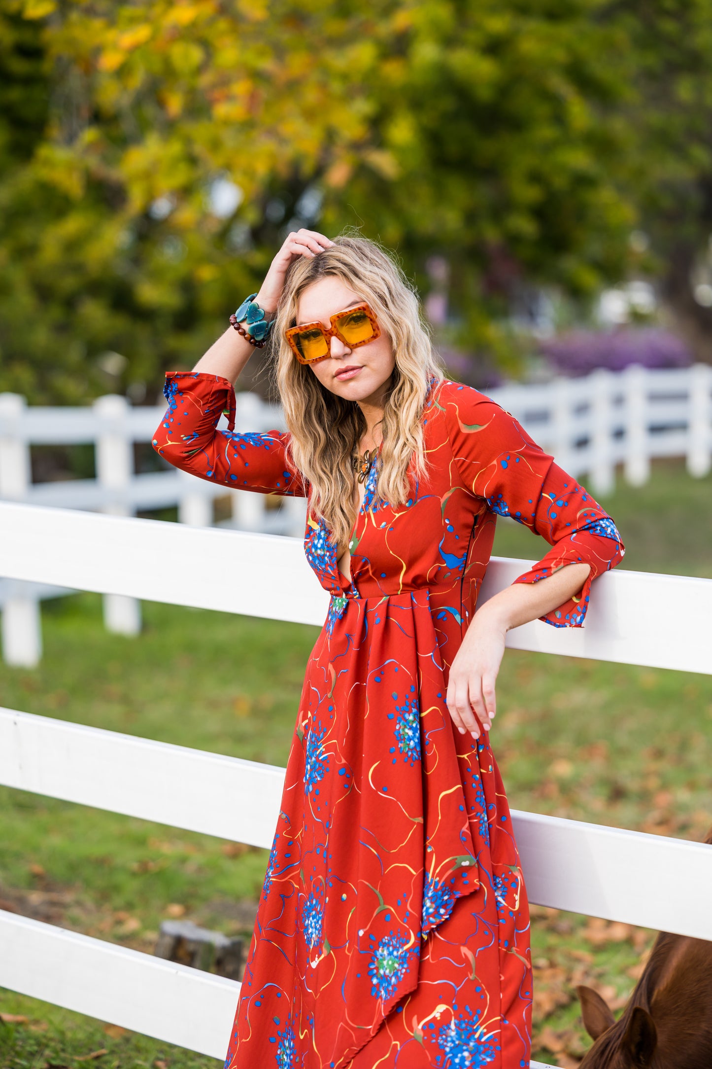 jennafer grace Coppertop minaret red dress blue flowers colorful floral boho bohemian hippie romantic whimsical floor-length maxi deep v shawl collar 3/4 sleeve handmade in California USA