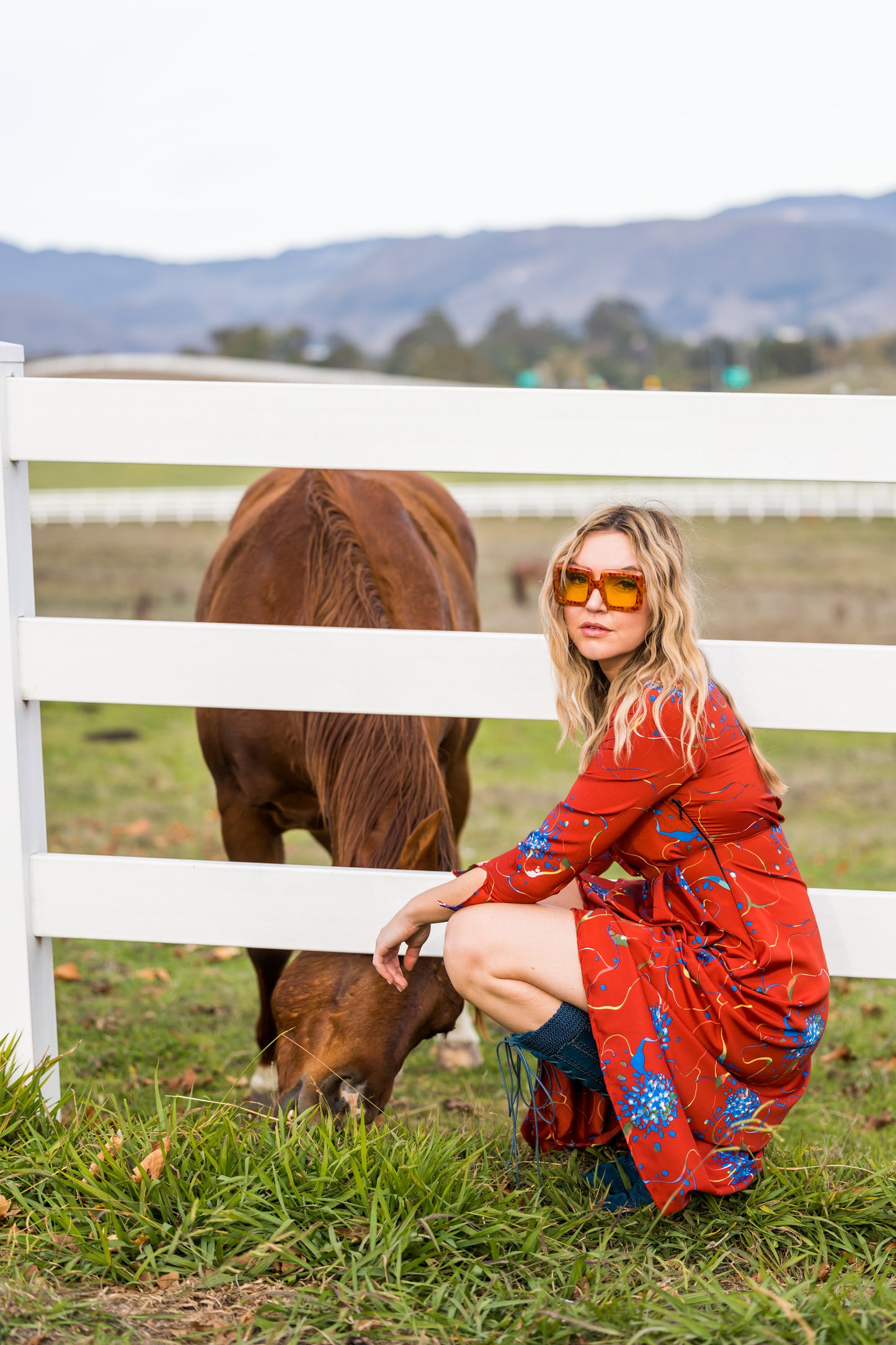 jennafer grace Coppertop minaret red dress blue flowers colorful floral boho bohemian hippie romantic whimsical floor-length maxi deep v shawl collar 3/4 sleeve handmade in California USA
