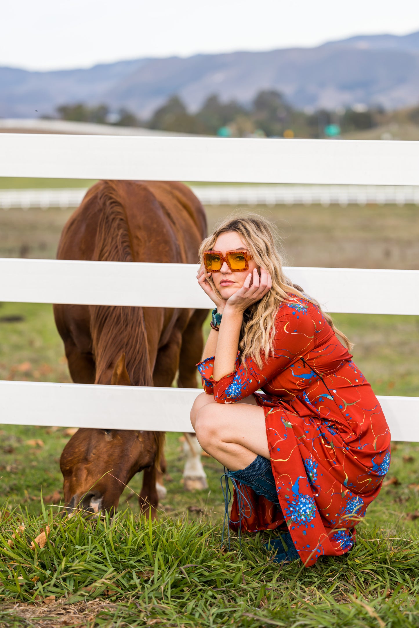 jennafer grace Coppertop minaret red dress blue flowers colorful floral boho bohemian hippie romantic whimsical floor-length maxi deep v shawl collar 3/4 sleeve handmade in California USA