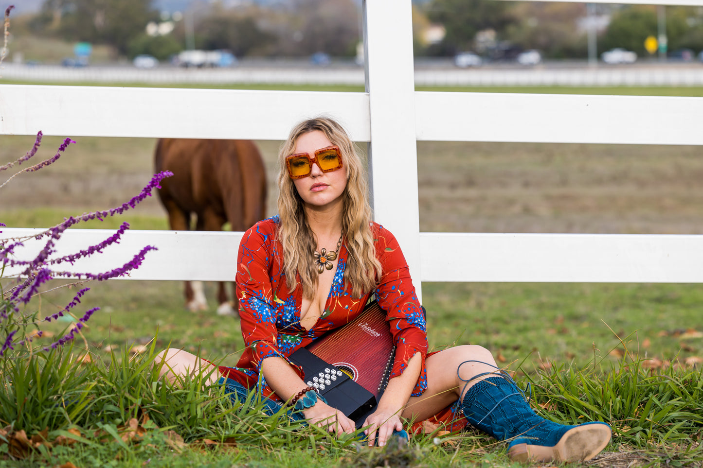 jennafer grace Coppertop minaret red dress blue flowers colorful floral boho bohemian hippie romantic whimsical floor-length maxi deep v shawl collar 3/4 sleeve handmade in California USA