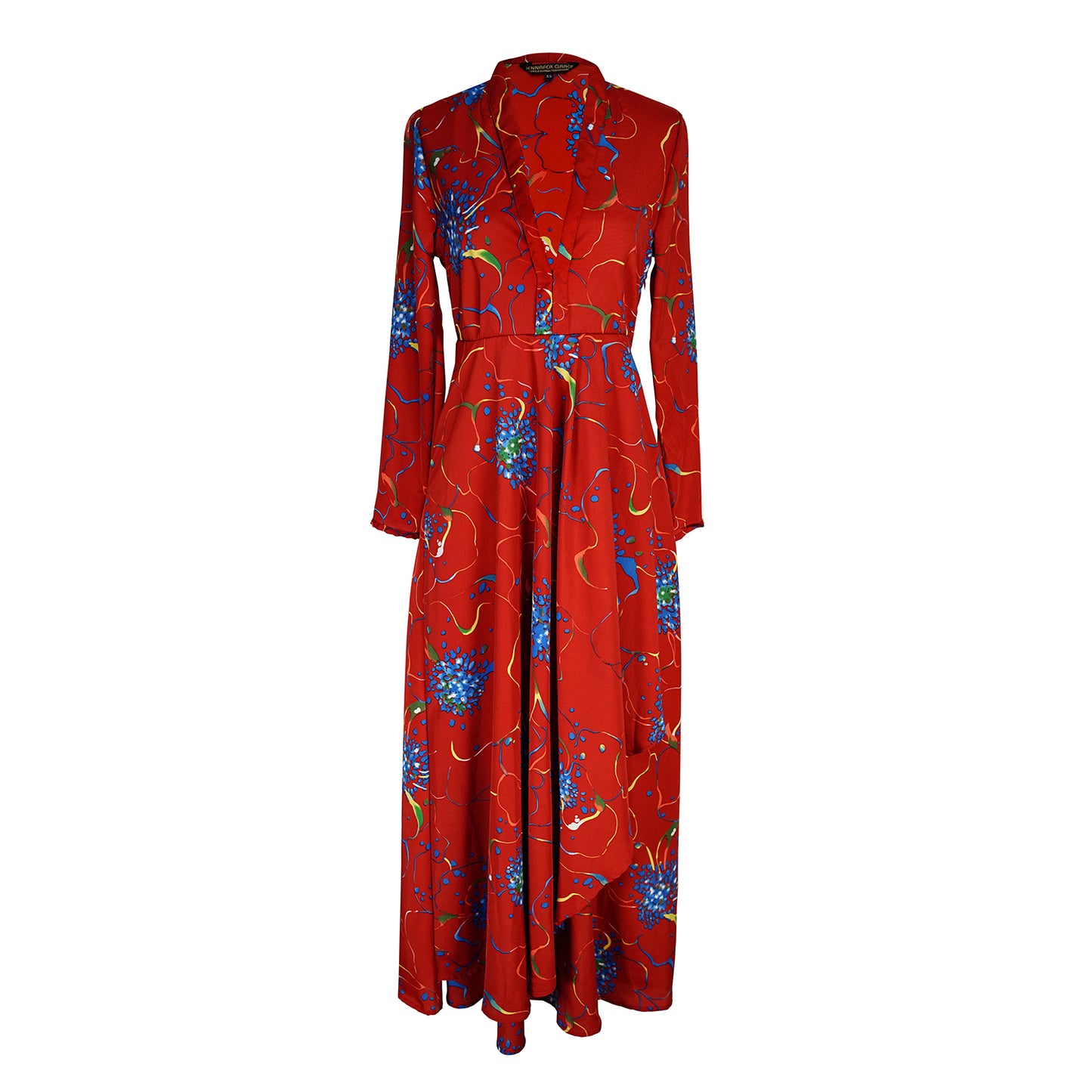 jennafer grace Coppertop minaret red dress blue flowers colorful floral boho bohemian hippie romantic whimsical floor-length maxi deep v shawl collar 3/4 sleeve handmade in California USA