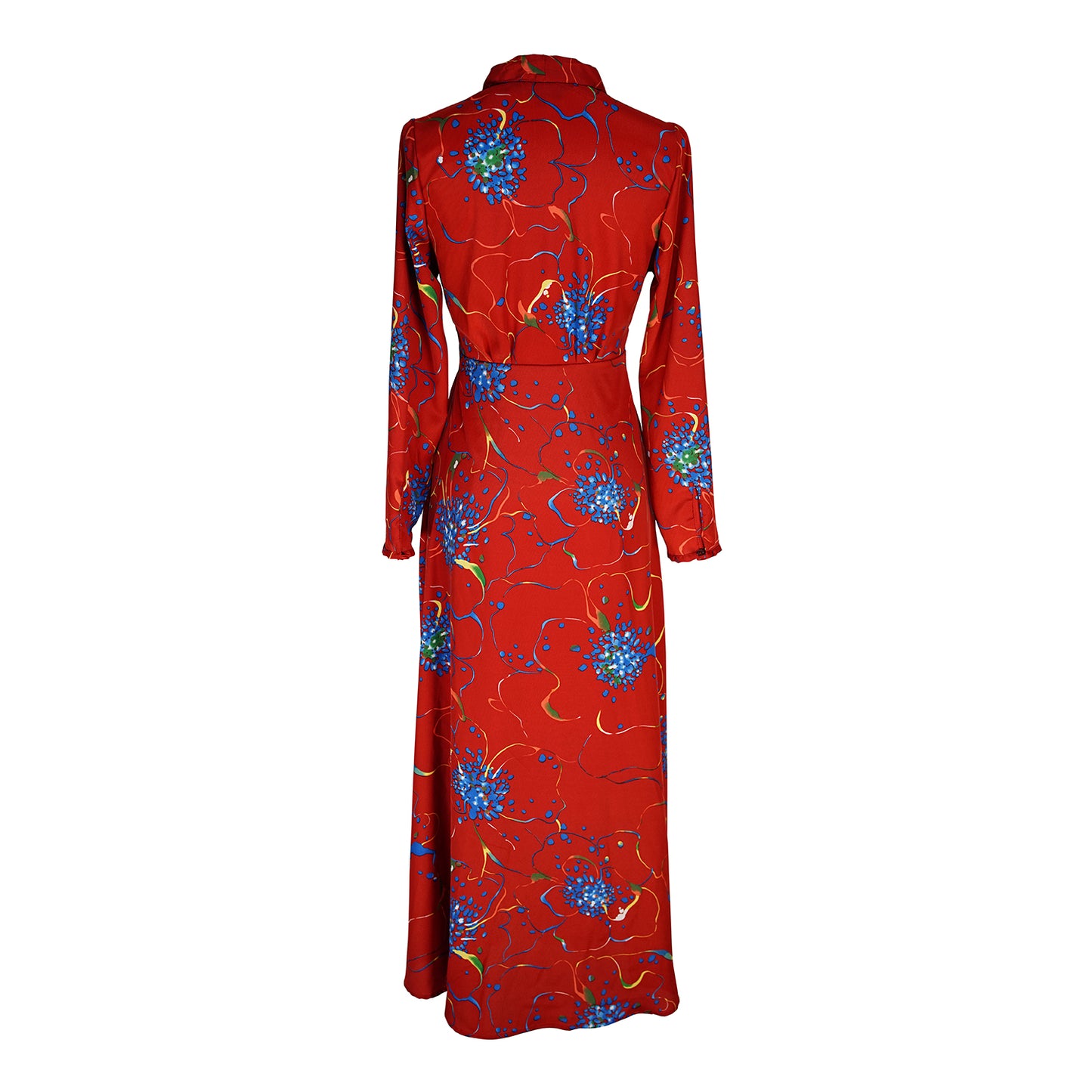 jennafer grace Coppertop minaret red dress blue flowers colorful floral boho bohemian hippie romantic whimsical floor-length maxi deep v shawl collar 3/4 sleeve handmade in California USA