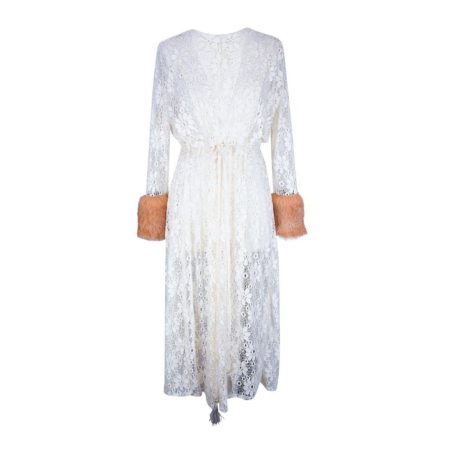 semi sheer ivory white daisy lace peach coral faux fur duster jacket coat robe layering boho bohemian hippie woodstock 69 retro 60s revival jennafer grace unisex handmade