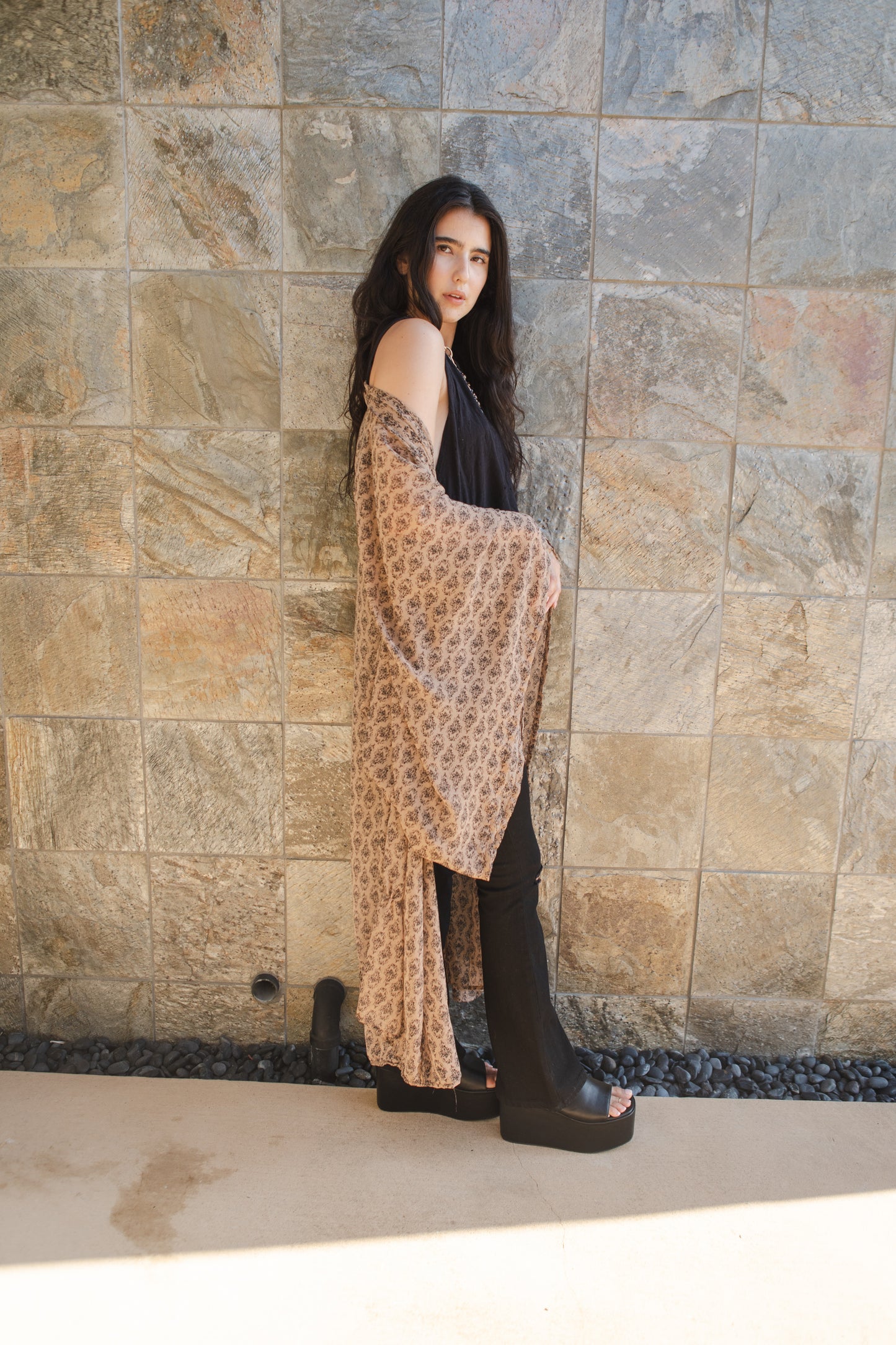 jennafer grace Dado kimono taupe beige brown black victorian gothic vintage inspired coverup wrap dress with pockets duster jacket robe goth boho bohemian hippie whimsical romantic beach poolside resort cabana lounge wear unisex handmade in California USA