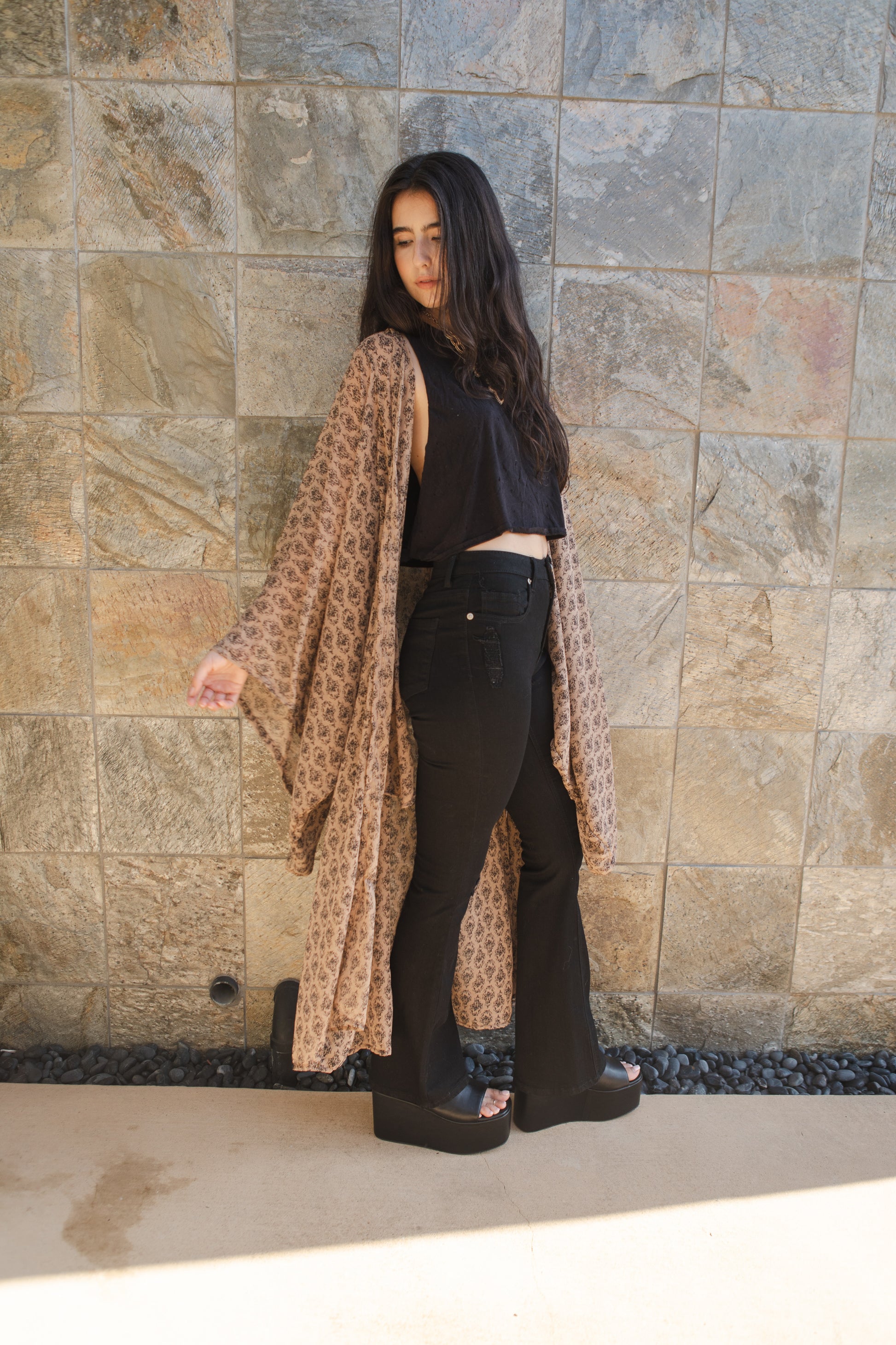jennafer grace Dado kimono taupe beige brown black victorian gothic vintage inspired coverup wrap dress with pockets duster jacket robe goth boho bohemian hippie whimsical romantic beach poolside resort cabana lounge wear unisex handmade in California USA