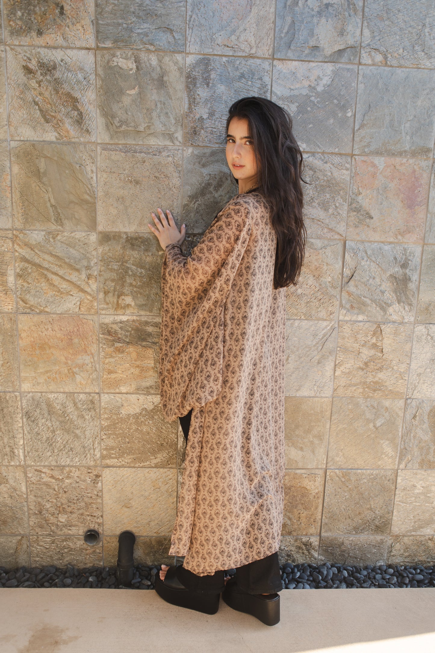 jennafer grace Dado kimono taupe beige brown black victorian gothic vintage inspired coverup wrap dress with pockets duster jacket robe goth boho bohemian hippie whimsical romantic beach poolside resort cabana lounge wear unisex handmade in California USA