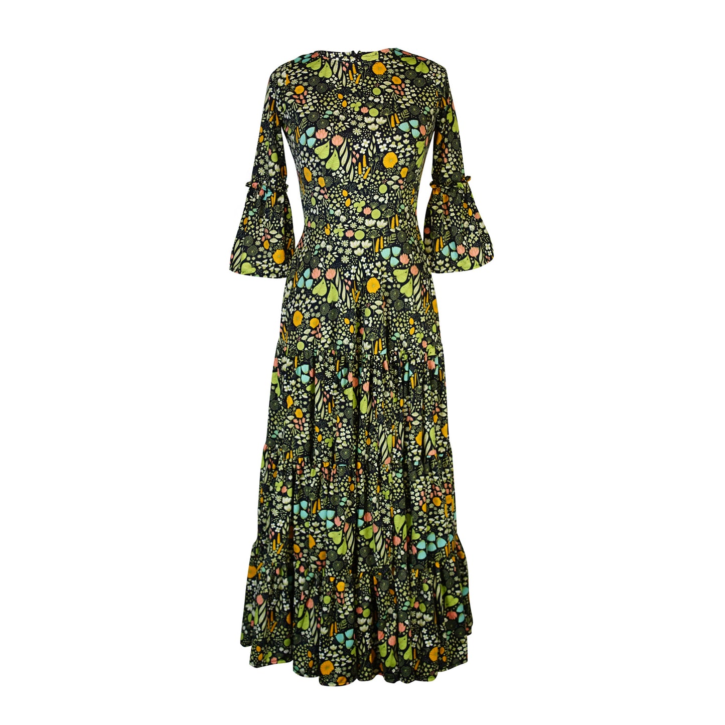 Jennafer Grace Petite Dandelion Garden ruffle dress black with colorful modern floral botanical print summer dress spring evening gown full circle skirt bell sleeves boho bohemian hippie romantic whimsical unisex handmade in California USA