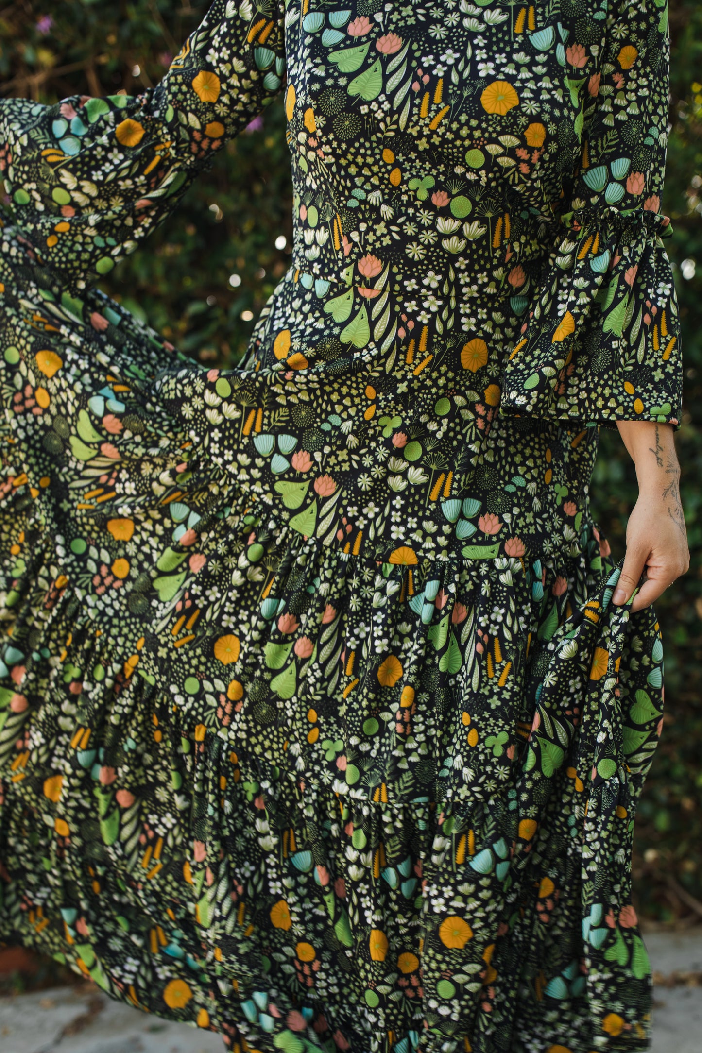 Jennafer Grace Petite Dandelion Garden ruffle dress black with colorful modern floral botanical print summer dress spring evening gown full circle skirt bell sleeves boho bohemian hippie romantic whimsical unisex handmade in California USA