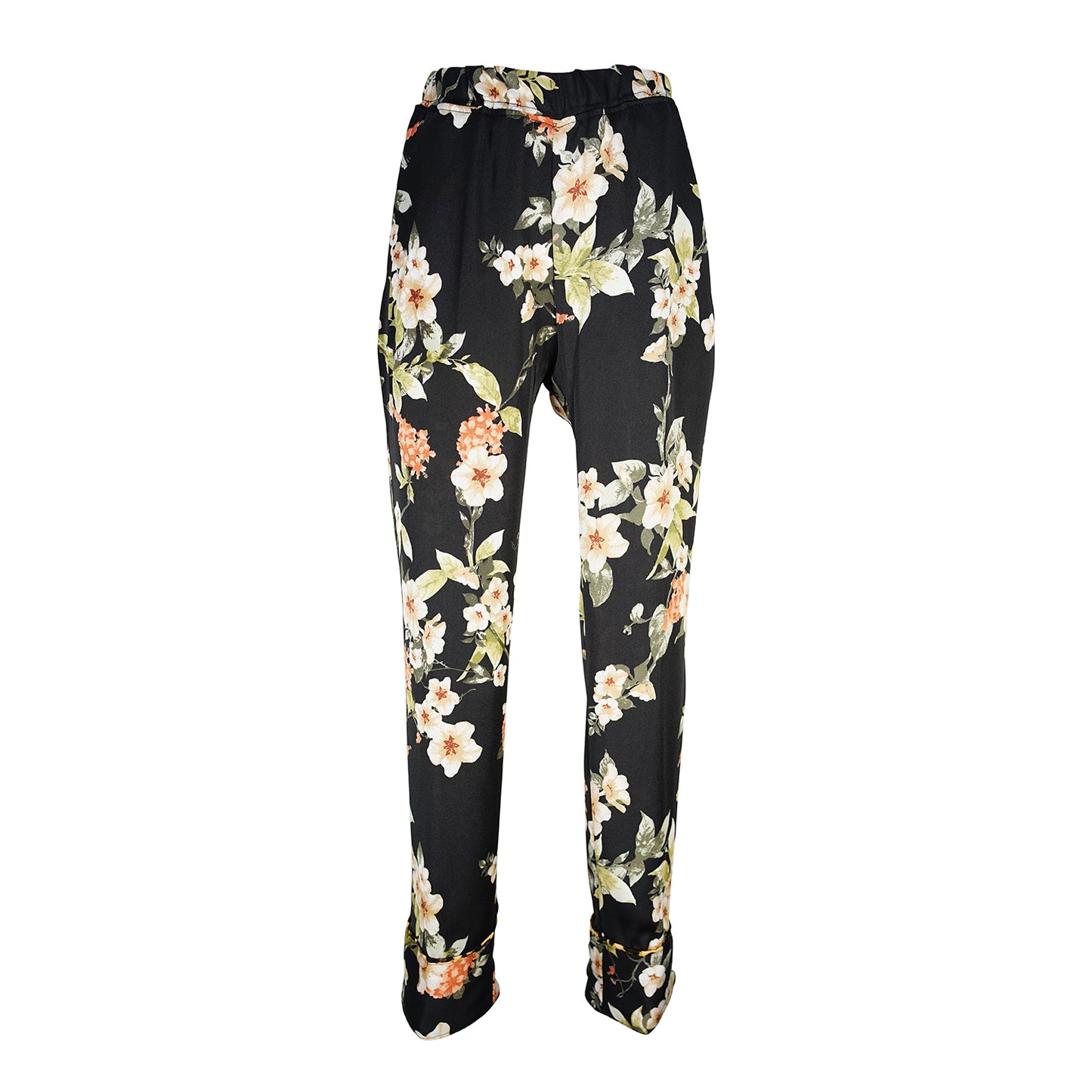 jennafer grace Deliciarum paglamas glam pajamas pjs co-ord coord matching set lounge wear wrap top tapered pant black floral orange flowers leopard print piping dark goth gothic boho bohemian hippie unisex handmade in California USA