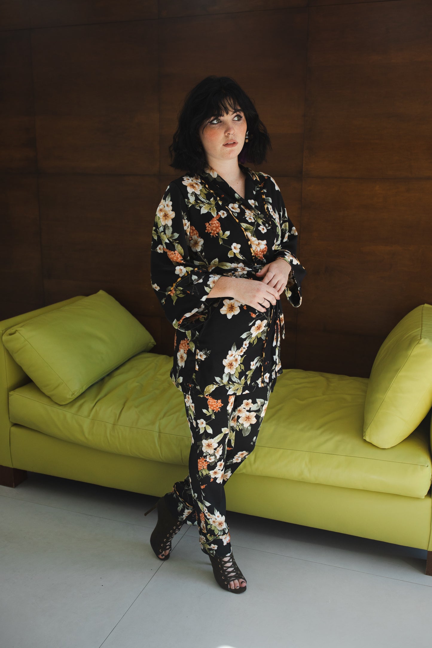 jennafer grace Deliciarum paglamas glam pajamas pjs co-ord coord matching set lounge wear wrap top tapered pant black floral orange flowers leopard print piping dark goth gothic boho bohemian hippie unisex handmade in California USA