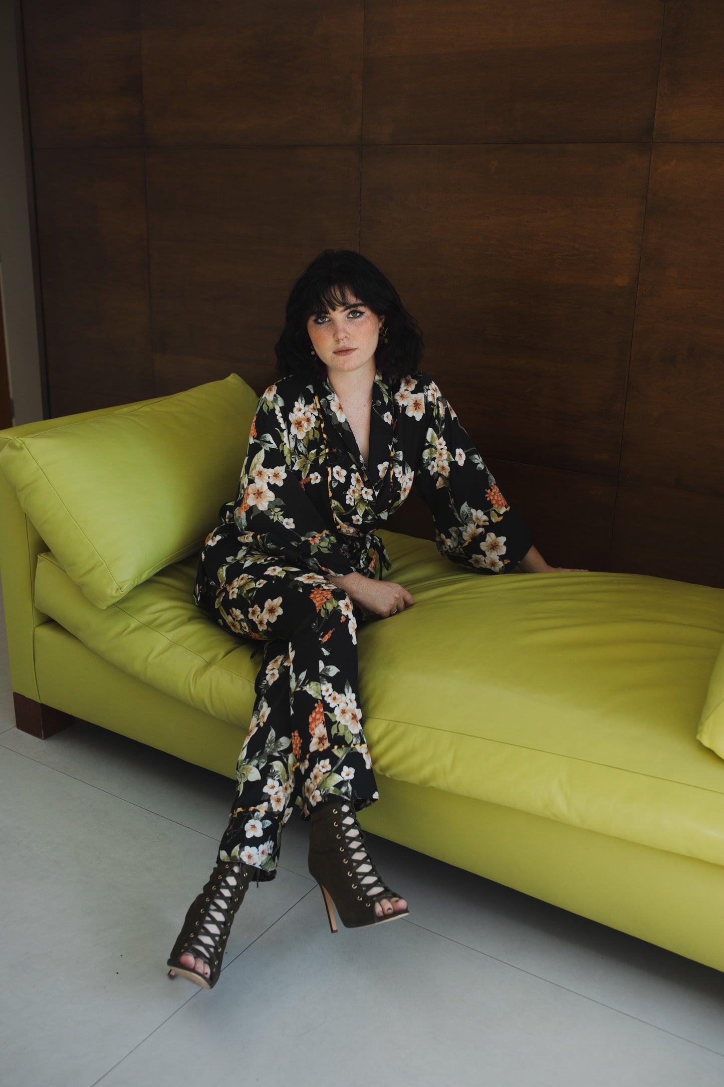 jennafer grace Deliciarum paglamas glam pajamas pjs co-ord coord matching set lounge wear wrap top tapered pant black floral orange flowers leopard print piping dark goth gothic boho bohemian hippie unisex handmade in California USA