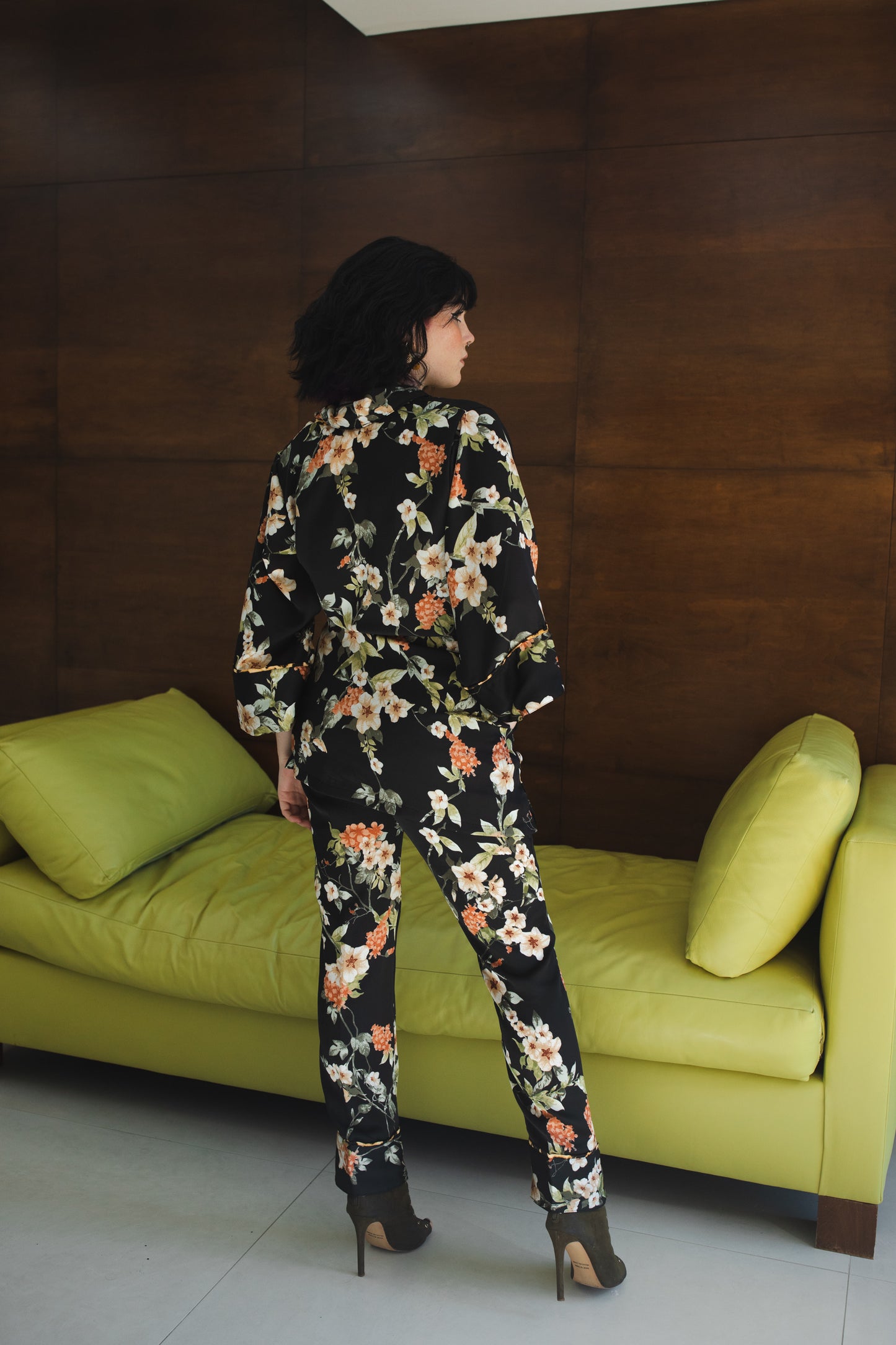 jennafer grace Deliciarum paglamas glam pajamas pjs co-ord coord matching set lounge wear wrap top tapered pant black floral orange flowers leopard print piping dark goth gothic boho bohemian hippie unisex handmade in California USA