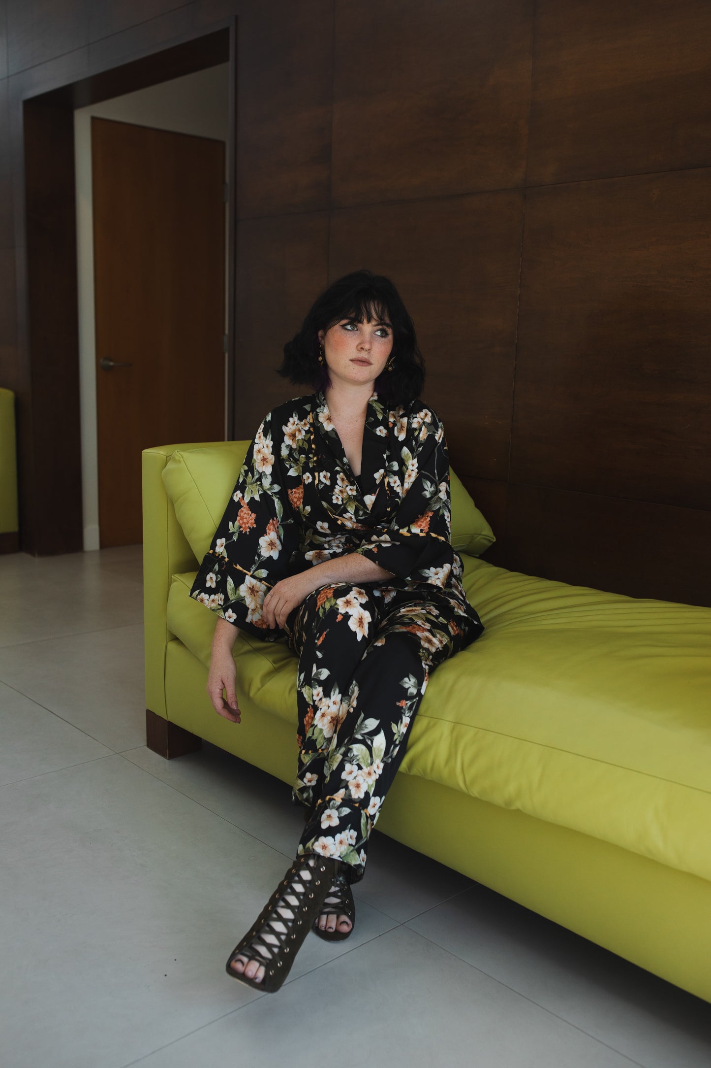jennafer grace Deliciarum paglamas glam pajamas pjs co-ord coord matching set lounge wear wrap top tapered pant black floral orange flowers leopard print piping dark goth gothic boho bohemian hippie unisex handmade in California USA