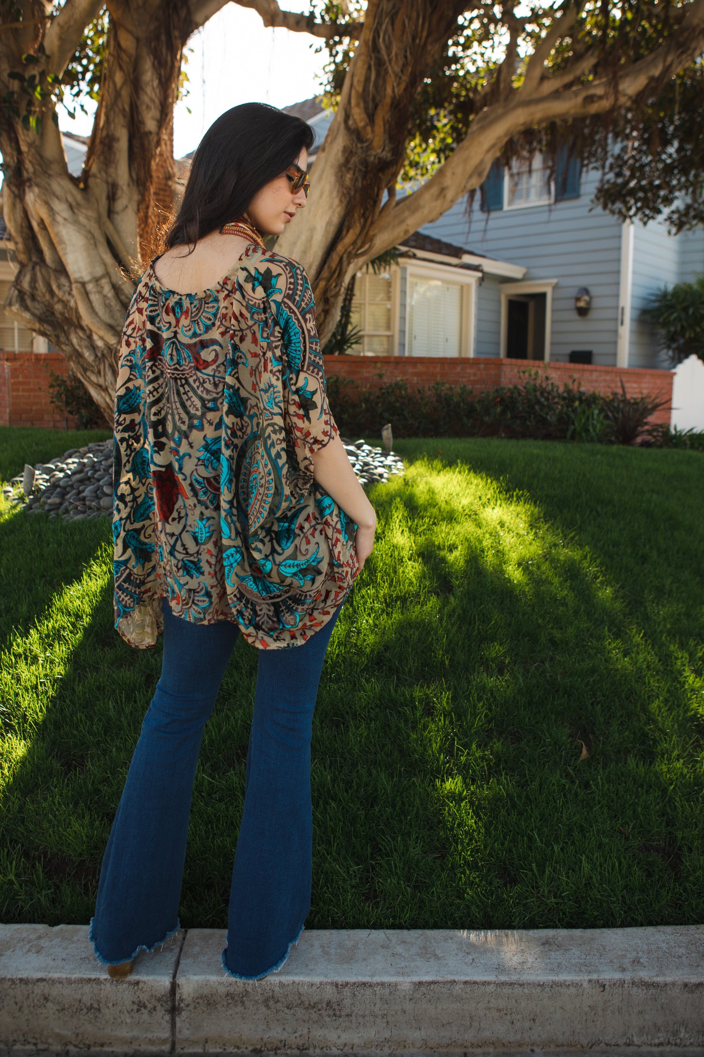 jennafer grace Desert Teal Velvet Burnout scarf top beige mesh with art deco inspired red and teal design boho bohemian hippie romantic whimsical resort lounge holiday evening wear retro 20s 30s 1920s 1930s unisex handmade in california usa