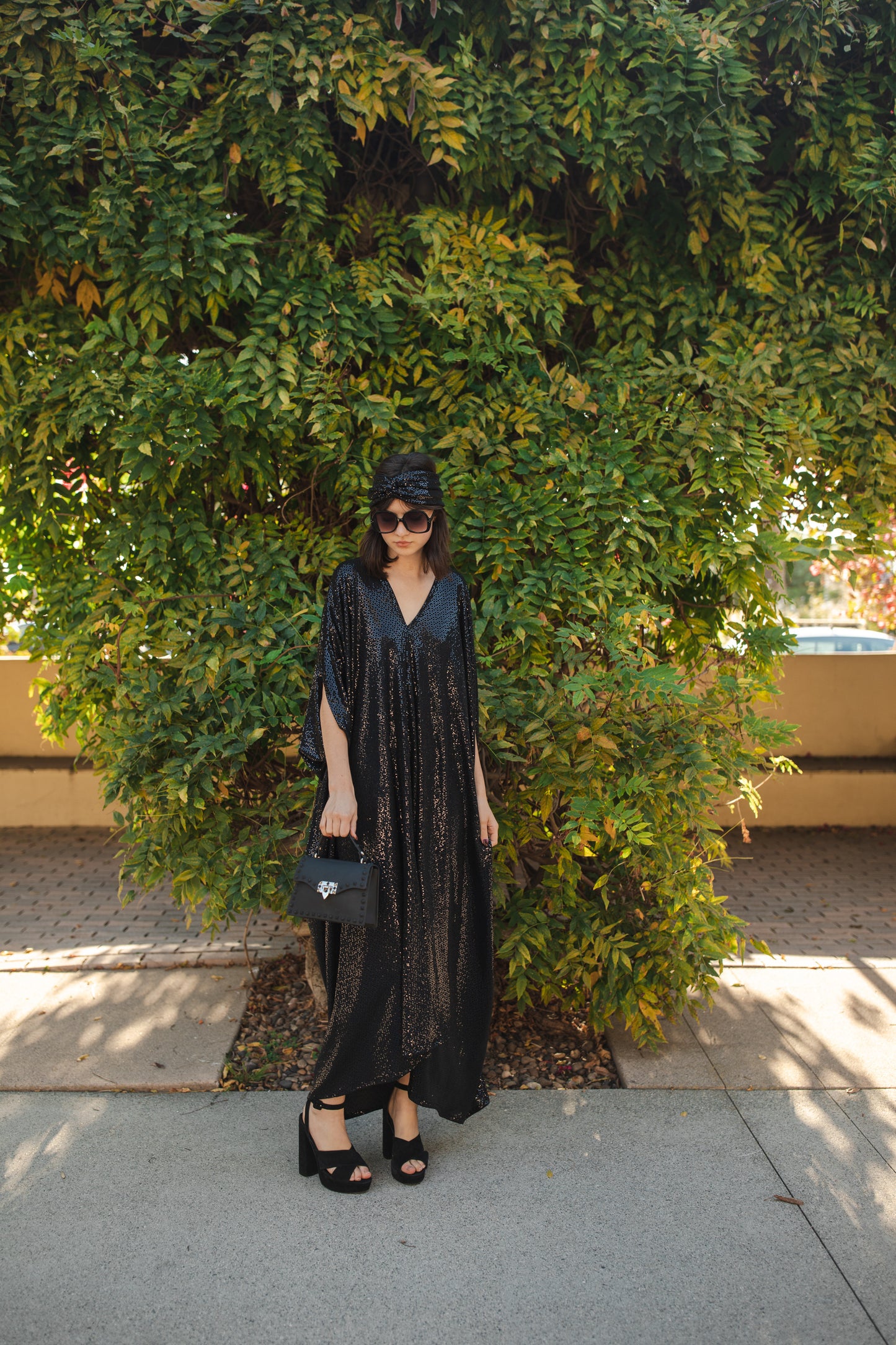 jennafer grace Disco Nights sequin caftan midnight blue black sequined kaftan mumu shift dress coverup studio 54 inspired retro 1970s 70s revival old hollywood glam glamourous nightlife boho bohemian hippie beach resort spa lounge loungewear layering unisex handmade in California USA