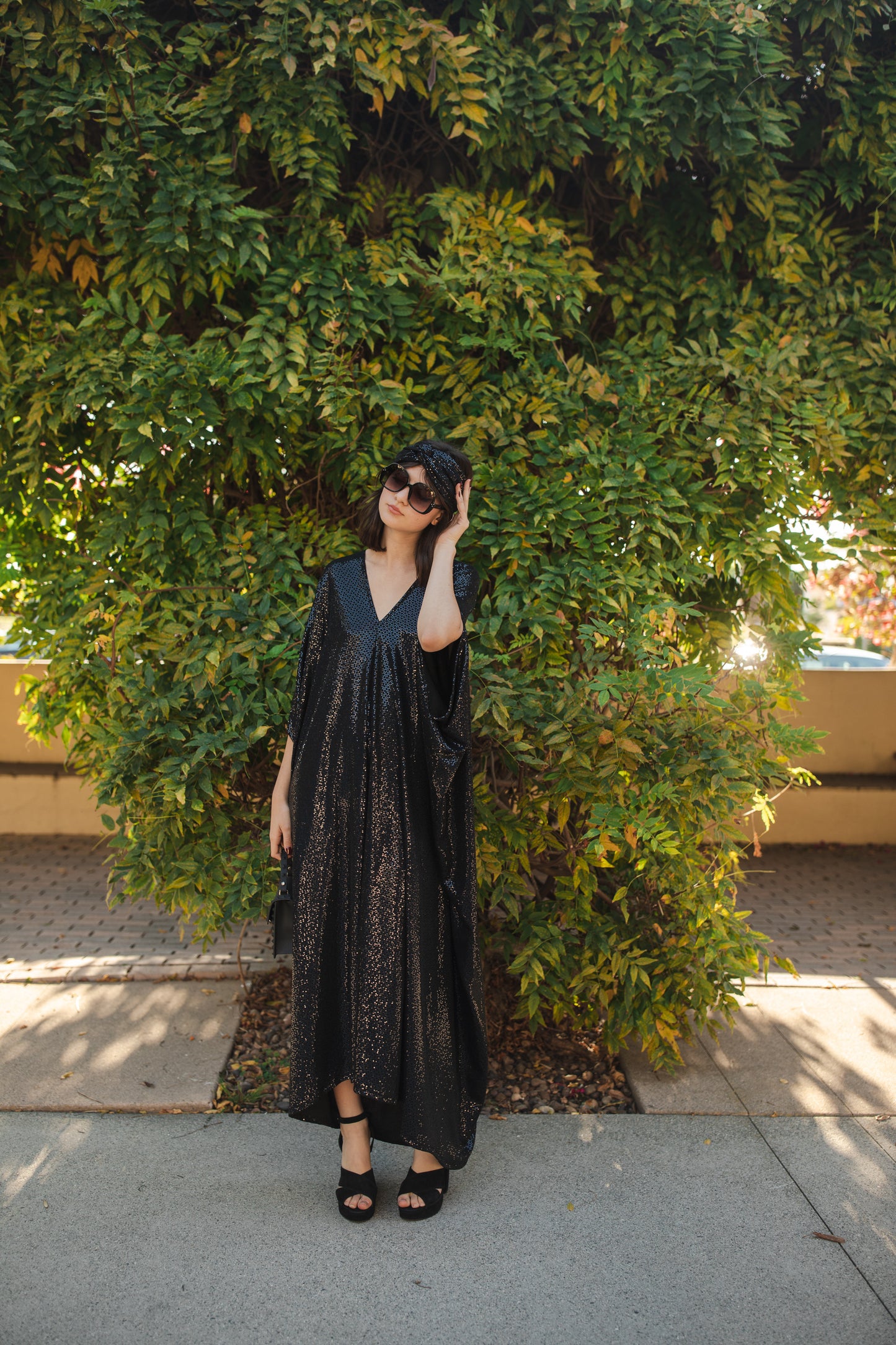 jennafer grace Disco Nights sequin caftan midnight blue black sequined kaftan mumu shift dress coverup studio 54 inspired retro 1970s 70s revival old hollywood glam glamourous nightlife boho bohemian hippie beach resort spa lounge loungewear layering unisex handmade in California USA