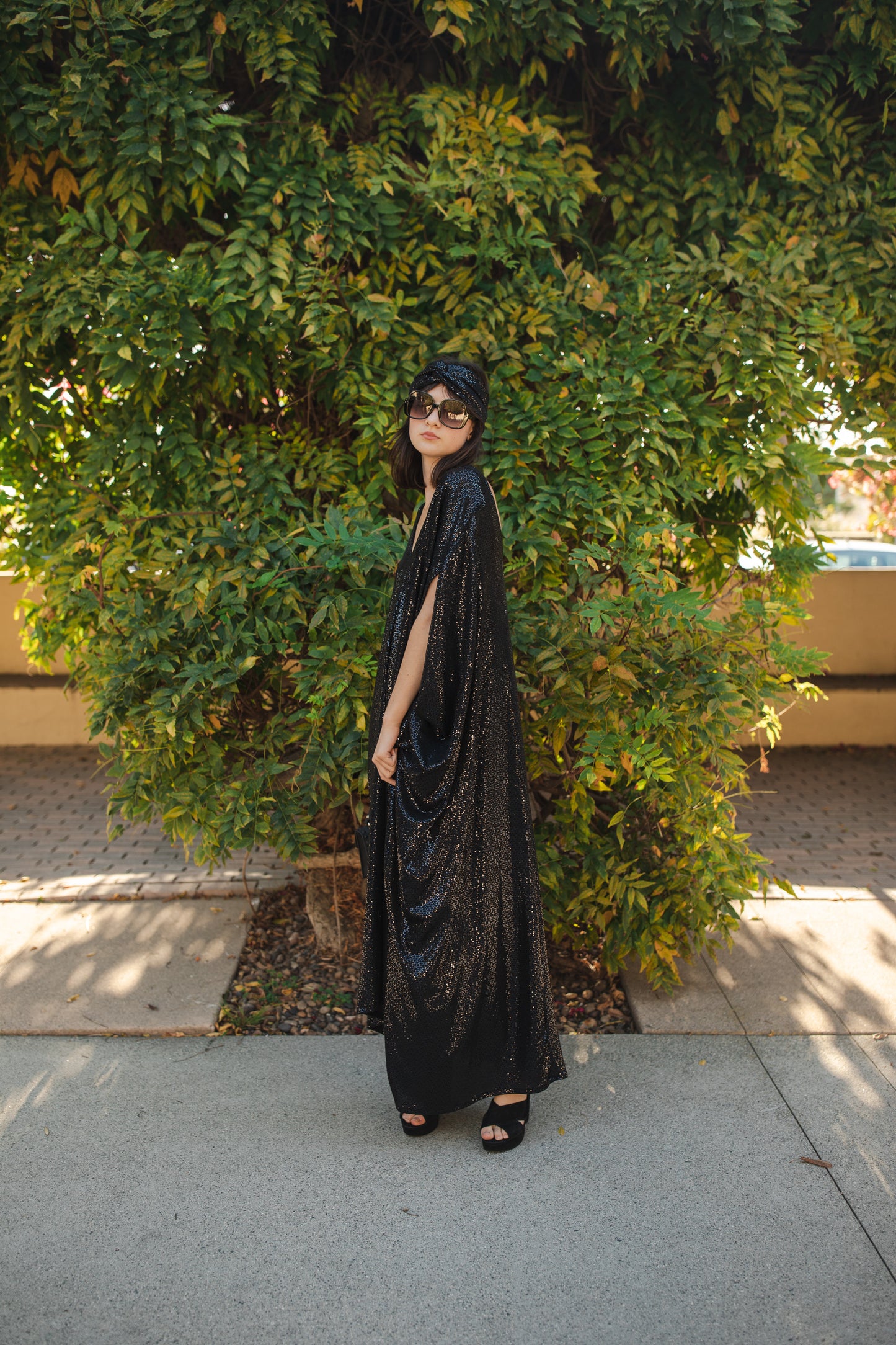 jennafer grace Disco Nights sequin caftan midnight blue black sequined kaftan mumu shift dress coverup studio 54 inspired retro 1970s 70s revival old hollywood glam glamourous nightlife boho bohemian hippie beach resort spa lounge loungewear layering unisex handmade in California USA