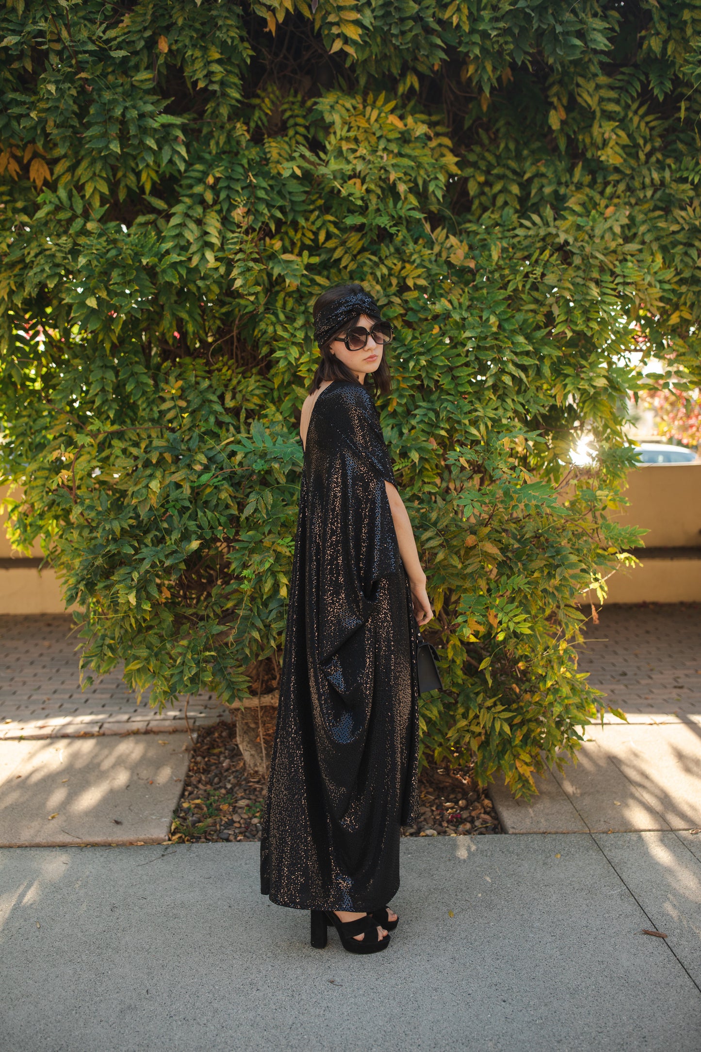 jennafer grace Disco Nights sequin caftan midnight blue black sequined kaftan mumu shift dress coverup studio 54 inspired retro 1970s 70s revival old hollywood glam glamourous nightlife boho bohemian hippie beach resort spa lounge loungewear layering unisex handmade in California USA