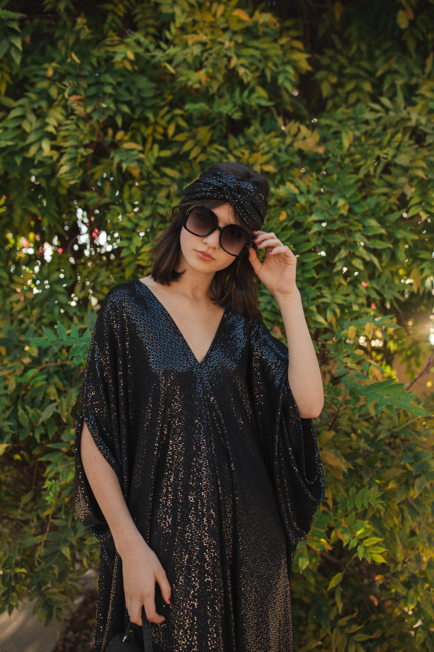 jennafer grace Disco Nights sequin caftan midnight blue black sequined kaftan mumu shift dress coverup studio 54 inspired retro 1970s 70s revival old hollywood glam glamourous nightlife boho bohemian hippie beach resort spa lounge loungewear layering unisex handmade in California USA