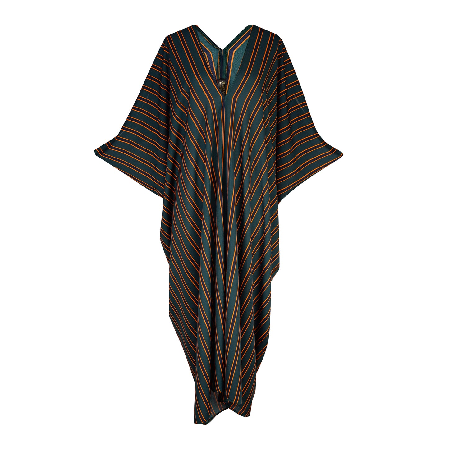 jennafer grace Dominique caftan forest green navy mustard yellow orange vertically striped retro 1970s 70s revival bold stripes kaftan mumu shift dress coverup casual boho bohemian hippie beach resort spa lounge loungewear layering unisex handmade in California USA