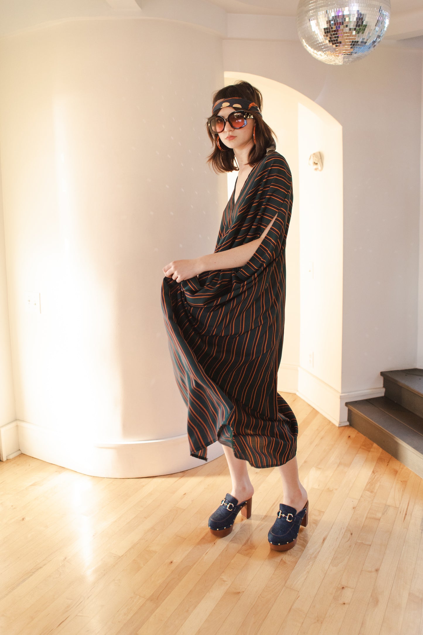 jennafer grace Dominique caftan forest green navy mustard yellow orange vertically striped retro 1970s 70s revival bold stripes kaftan mumu shift dress coverup casual boho bohemian hippie beach resort spa lounge loungewear layering unisex handmade in California USA